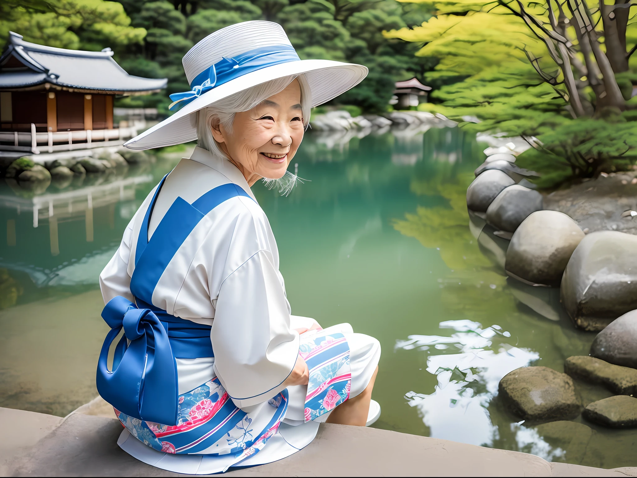 ("elderly Japanese lady":1.2,"white hair","cheerful","nice blue hat","sunny day","Takayama","river","rear view","sitting","perfect shot","85mm f/1.8" lens","4k ","-air 16:9") --auto --s2