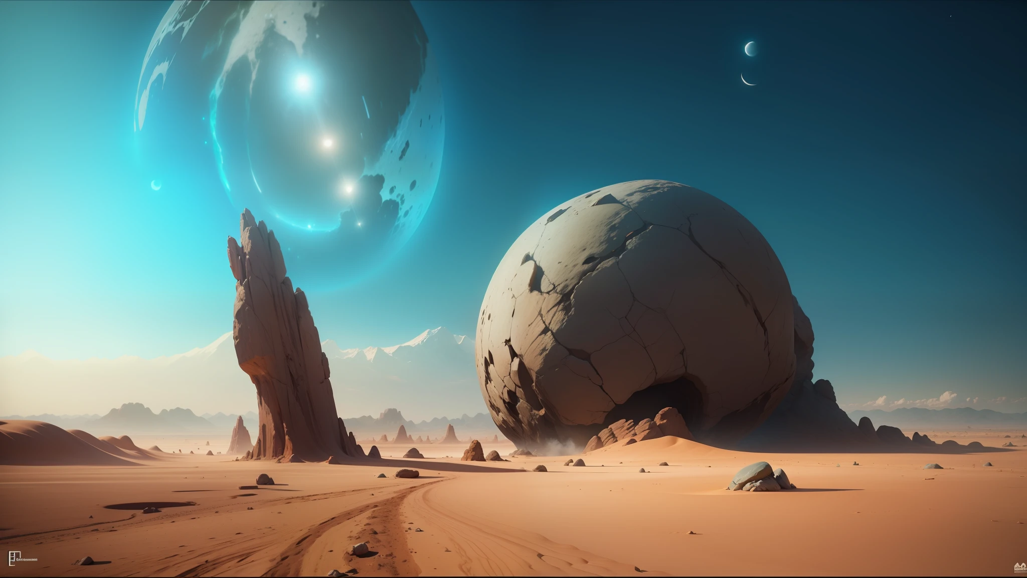 there is a large rock in the middle of a desert, beautiful sci fi art, autodesk 3ds max, in style of james paick, spiritual imagination of duality, shot on anamorphic lenses, inspired by Moses van Uyttenbroeck, 3 moons, wlop and andrei riabovitchev --auto --s2