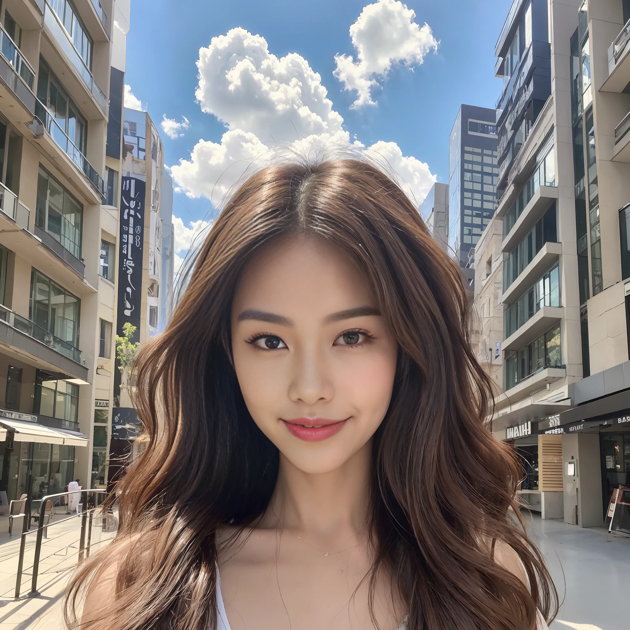 (Best quality, high resolution, masterpiece: 1.3), realistic, 1 tall pretty girl, dark brown hair in loose wavy styling, smile, realism, details in face and skin texture beautifully presented, modern architecture in background), detailed eyes, double eyelids, modern style, third person vision