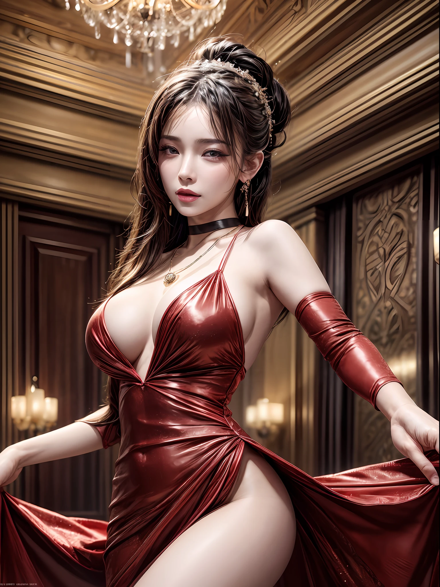 best quality, masterpiece, photo realistic, intricate details, raw photo, photon rendering, octane render, absurdres, ultra detailed, detailed face, detailed skin, trending on artstation, 8k masterpiece, cinematic lighting,trending on cg society,plasticien, a girl doing a ballet dance in a ballroom, closed eyes, glittering, dreamy, wear luxurious dress, necklace, earings, choker, vibrant dress, big breasts, mesmerizing body, chill, ((dance)), fullbody, full shot, in style of red and black