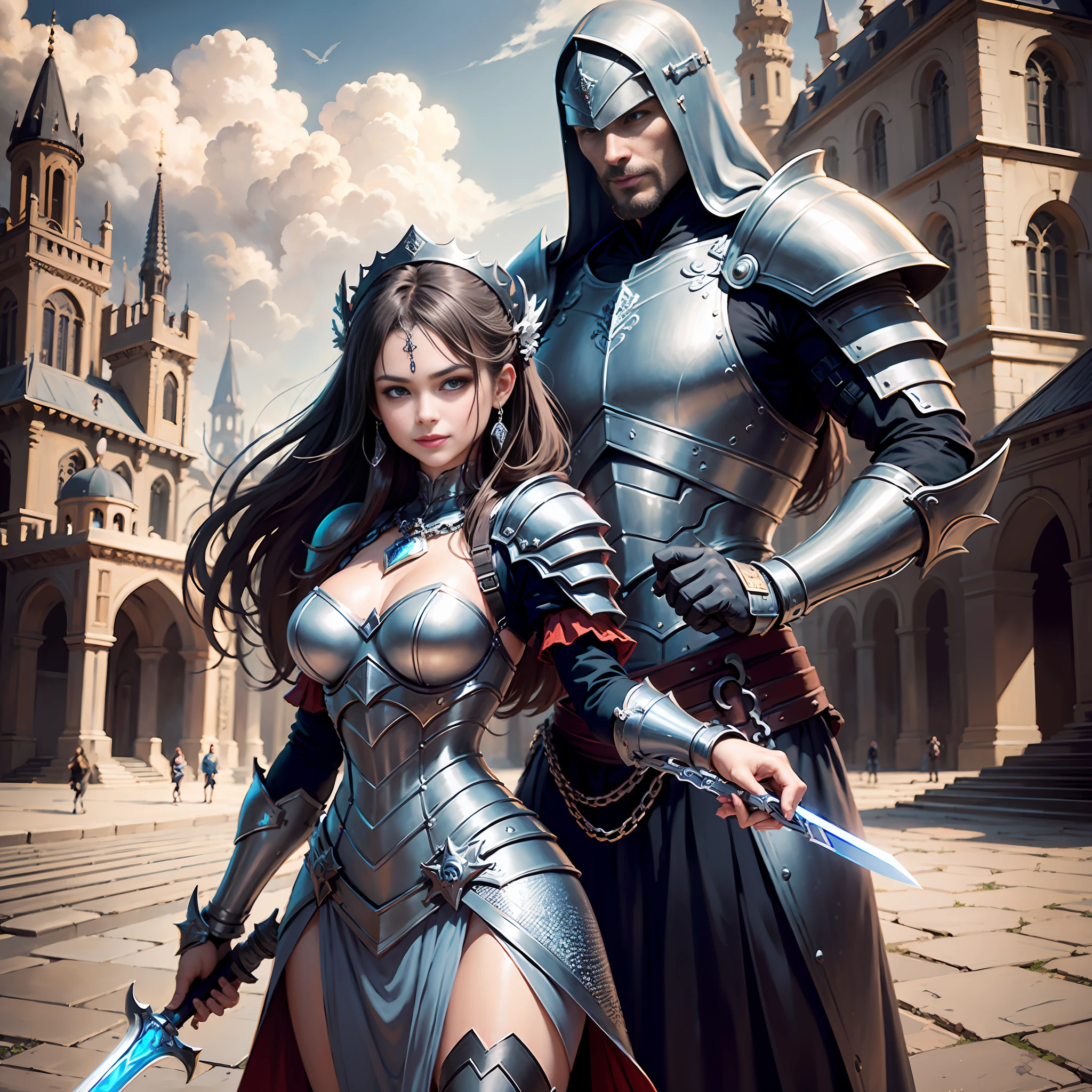 (((Medium shot))), Couple, ((A Man and a Woman)), Two Individuals, Big Sword, Battle, Gorgeous Background, Dark Castle in the Distance, ((Medium Sword)), Playfulness, Sweetness, Happiness, Smile, Armor, Chain Mail, Armor, Happy, Beautiful Eyes, Playfulness, Surrealism, Pov, Romanticism, Film Lighting, 8K, UHD, Masterpiece, Ccurate, Anatomically Correct, Textured Skin, High Detail, High Quality, High Resolution, Award-Limited, Best Quality, 16K, Bad Body, Bad Hands, Bad Legs.
