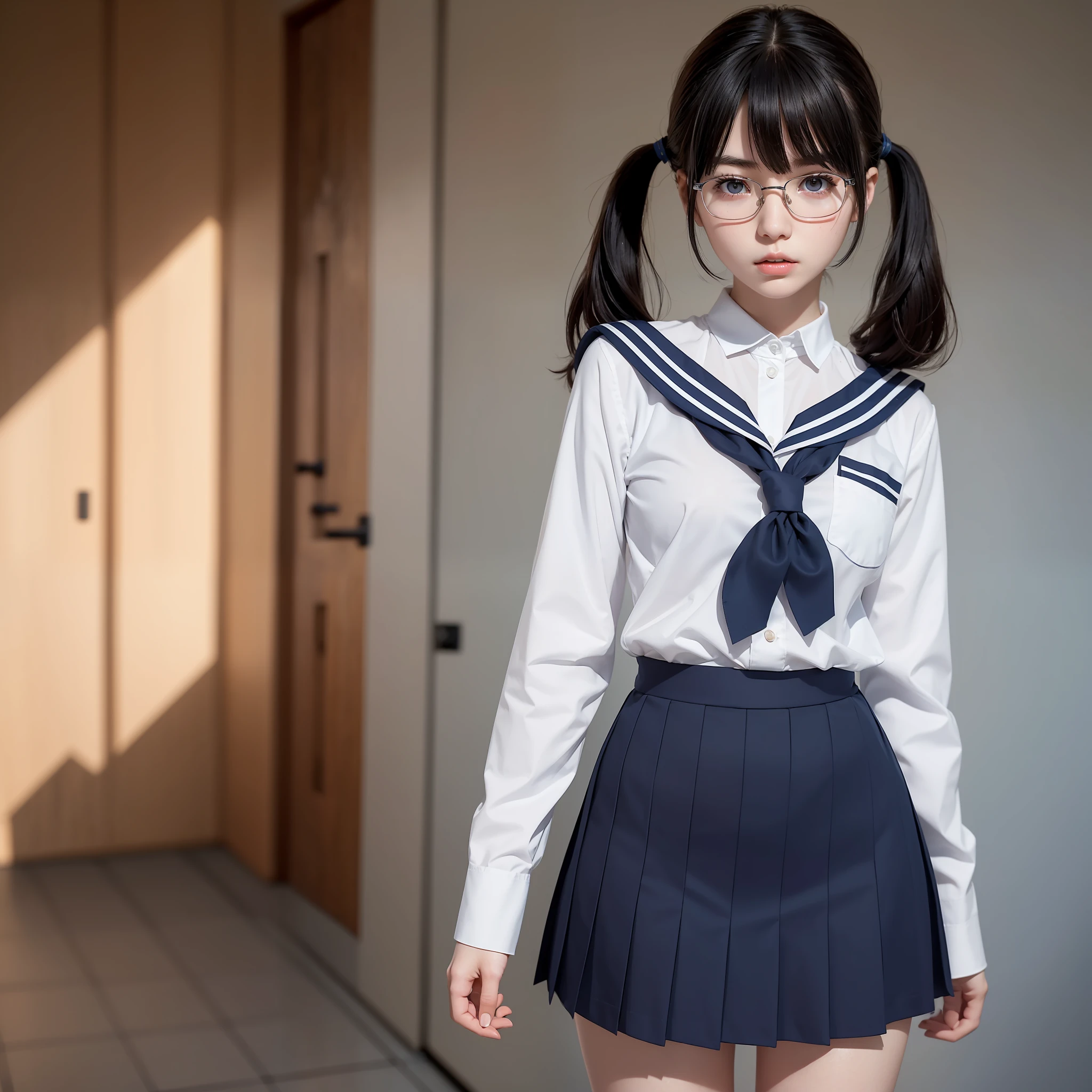(1 girl),(solo),((full body)),girls' high school,sailor uniform,school uniform,raw photo, frank, textured skin,(narrow)),(sharp eyes),((bangs about eyebrows)),(medium hair:1.2),(viewer)blue and navy blue checked skirt,short twin tails,dynamic lighting, high resolution,black hair, realistic,detailed eyes, sharp pupils, lifelike pupils, ultra detailed, slender, pale skin, Japan person, glasses, small, smooth breasts, flat breasts,young, tall, dark look, bright black eyes, anger, ,slender body, medium build, small waist, wide thighs, photorealistic