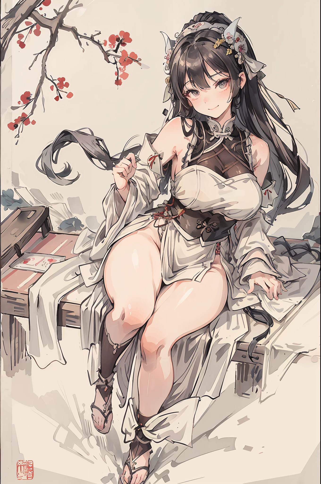 (masterpiece, best quality: 1.2), traditional Chinese ink painting, A cute 18 year old prostitute with gigantic breasts, sexy white lace , Oversized dress :1.5, Couch, Ultra-detailed face, Detailed eyes, Double eyelid, sfw , evil smile:1.4 ,emphasizing slender abs :1.3, holding a knife:1.5