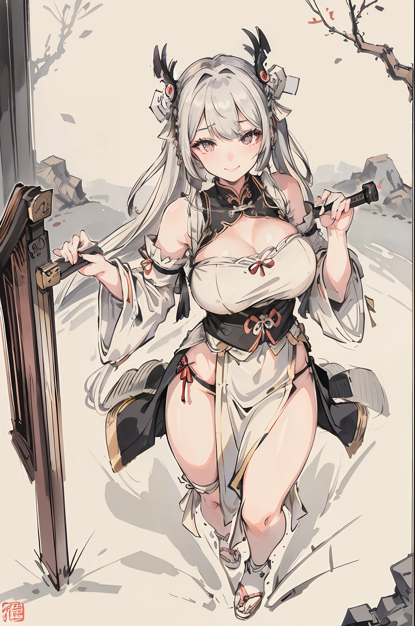 (masterpiece, best quality: 1.2), traditional Chinese ink painting, A cute 18 year old prostitute with gigantic breasts, sexy white lace , Oversized dress :1.5, Couch, Ultra-detailed face, Detailed eyes, Double eyelid, sfw , evil smile:1.4 ,emphasizing slender abs :1.3, holding a knife:1.5