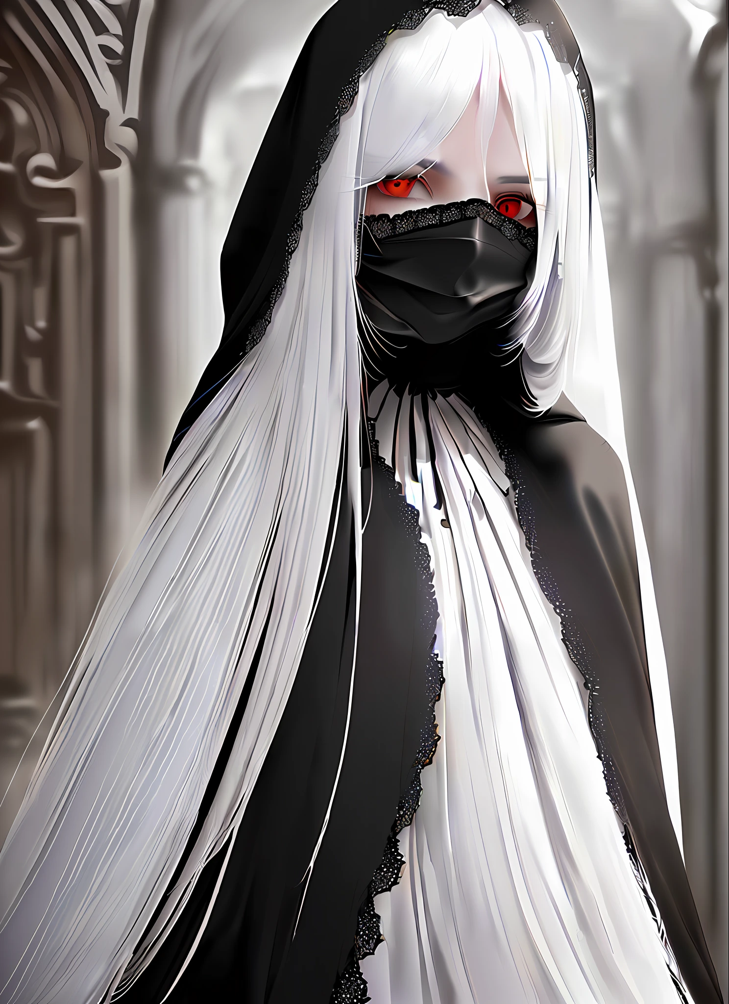 portrait, masterpiece, best quality, beautiful young woman, 1girl, dynamic pose, godrays, long white hair, (highly detailed), (realistic: 1.4), black lips, pale white skin, (black hood covering eyes and half of face), (blindfold), red cape, detailed gothic dress, lace, vampire, stain color, dark alley, castle in the background,