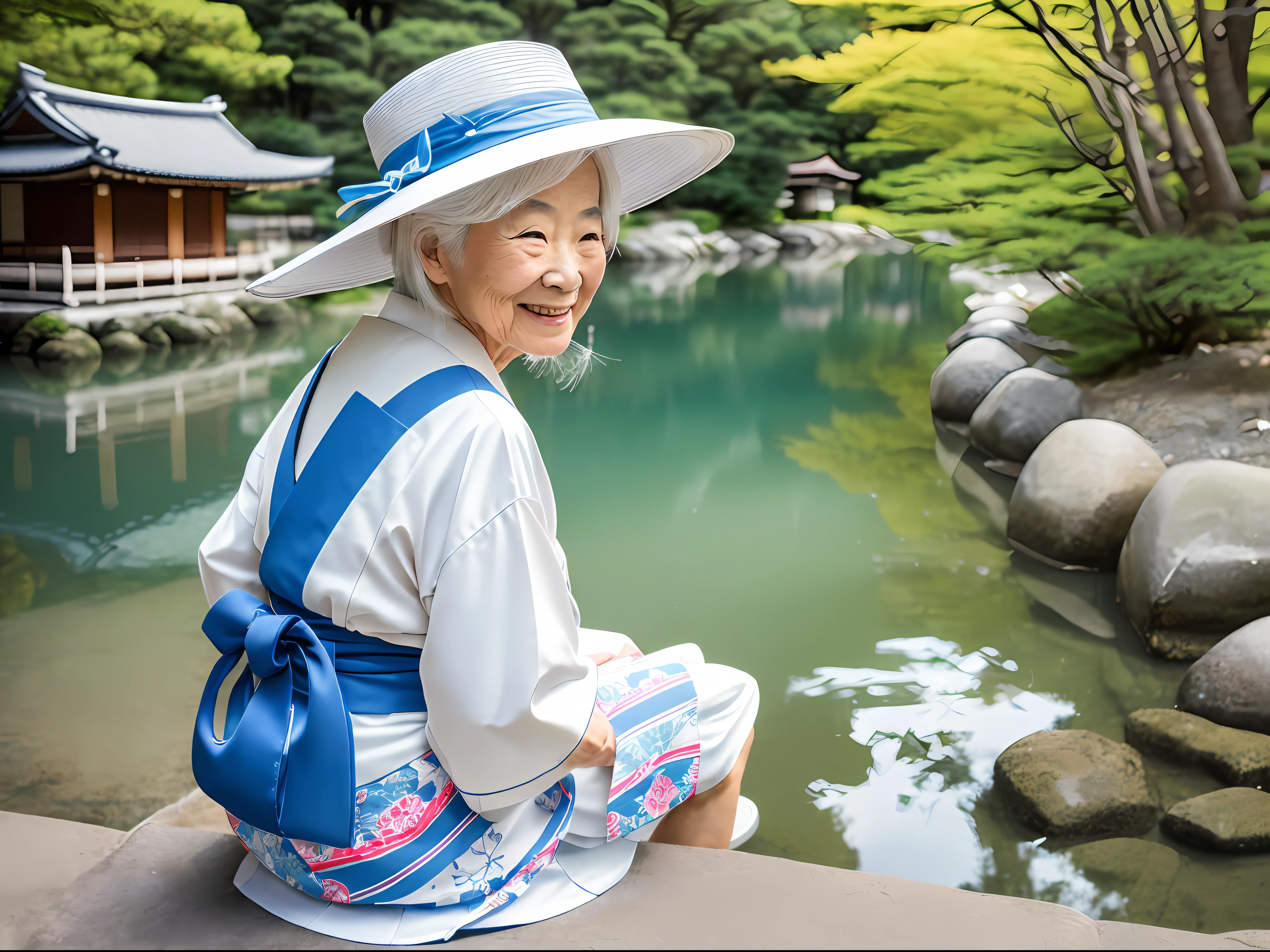 ("elderly Japanese lady":1.2,"white hair","cheerful","nice blue hat","sunny day","Takayama","river","rear view","sitting","perfect shot","85mm f/1.8" lens","4k ","-air 16:9") --auto --s2