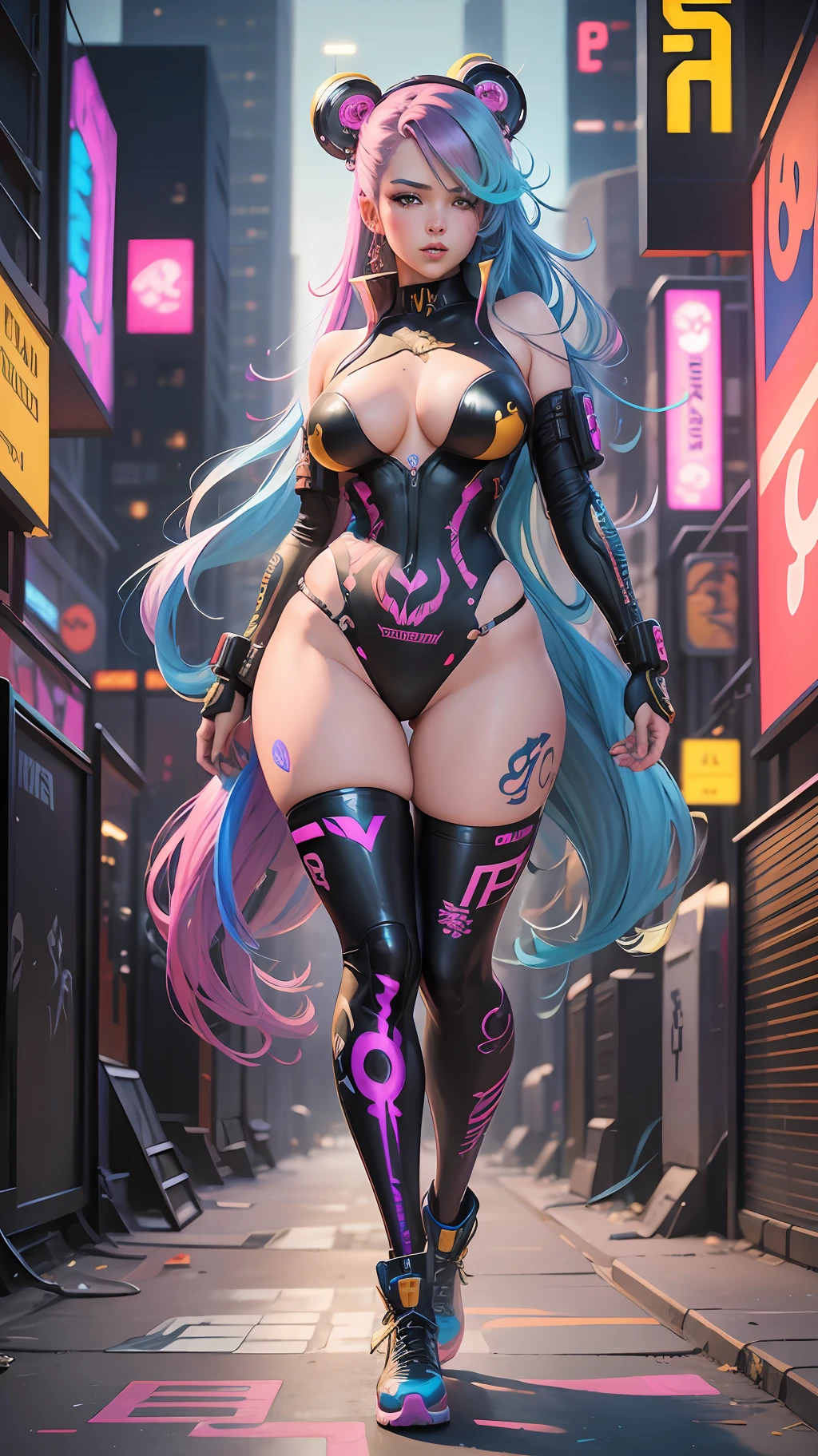 Beautiful anime painting of sexy cyberpunk girl, multicolor hair, full body, voluptuous body, trending on artstation, 8k, masterpiece, graffiti paint, fine detail, neon colors, vibrant colors, intricate detail, golden ratio illustration, by tim okamura, victor nizovtsev, greg rutkowski, noah bradley --auto --s2