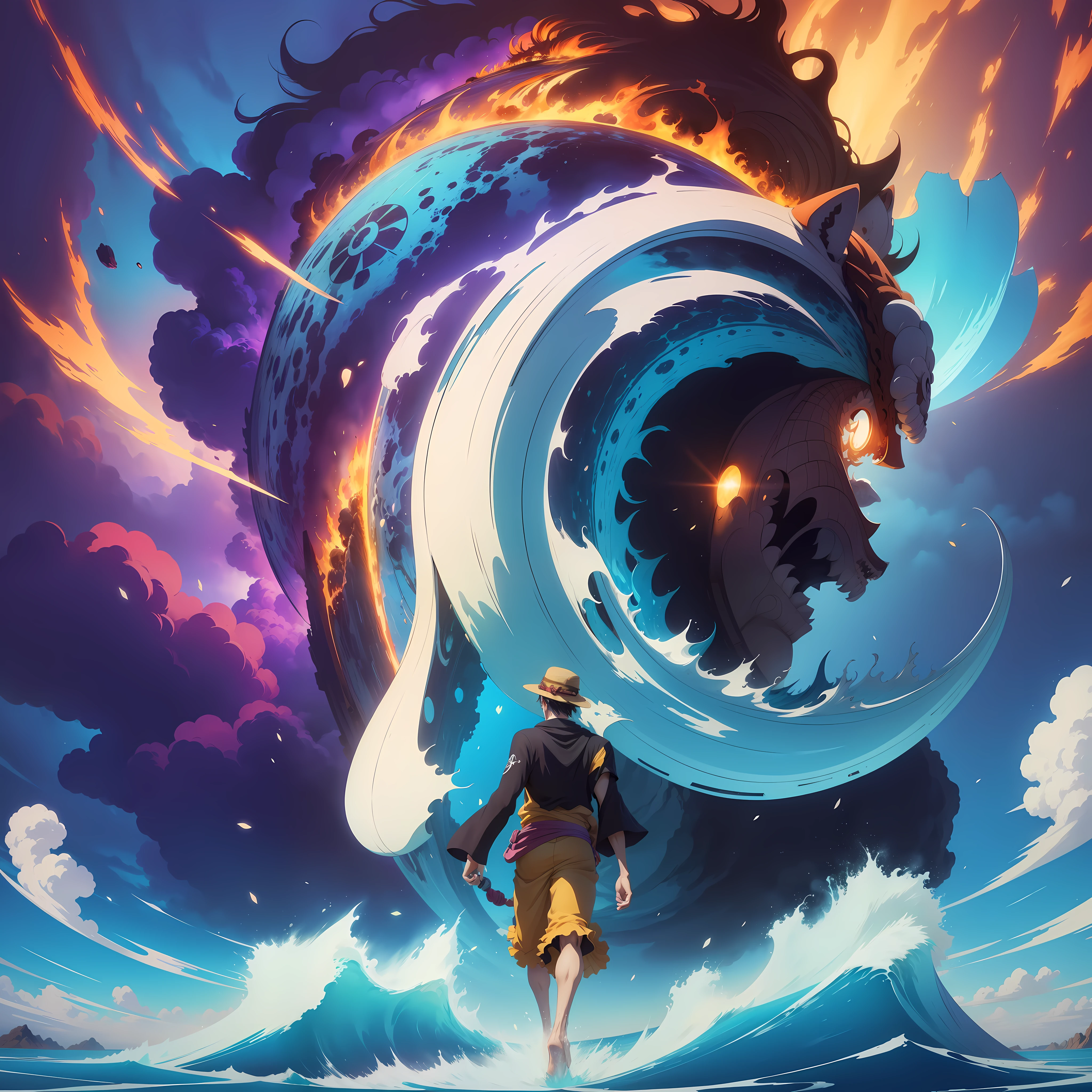 Generate an Anime Art Wallpaper in 4K resolution, featuring a captivating digital artwork in the style of the One Piece anime. The image should showcase extremely detailed art with vibrant colors and dynamic compositions. Pay close attention to the distinctive character designs and unique visual style of One Piece. Capture the spirit of adventure, camaraderie, and epic battles that define the series. Include prominent One Piece characters in the artwork, showcasing their unique personalities and abilities. The background can be inspired by the vast oceans, exotic islands, or iconic locations from the One Piece universe. The overall image should reflect the grand scale and epic nature of the series while immersing viewers in a visually stunning and engaging artwork. This Anime Art Wallpaper should be a testament to the beauty and excitement of the One Piece world, offering fans a remarkable piece of art to enjoy on their screens