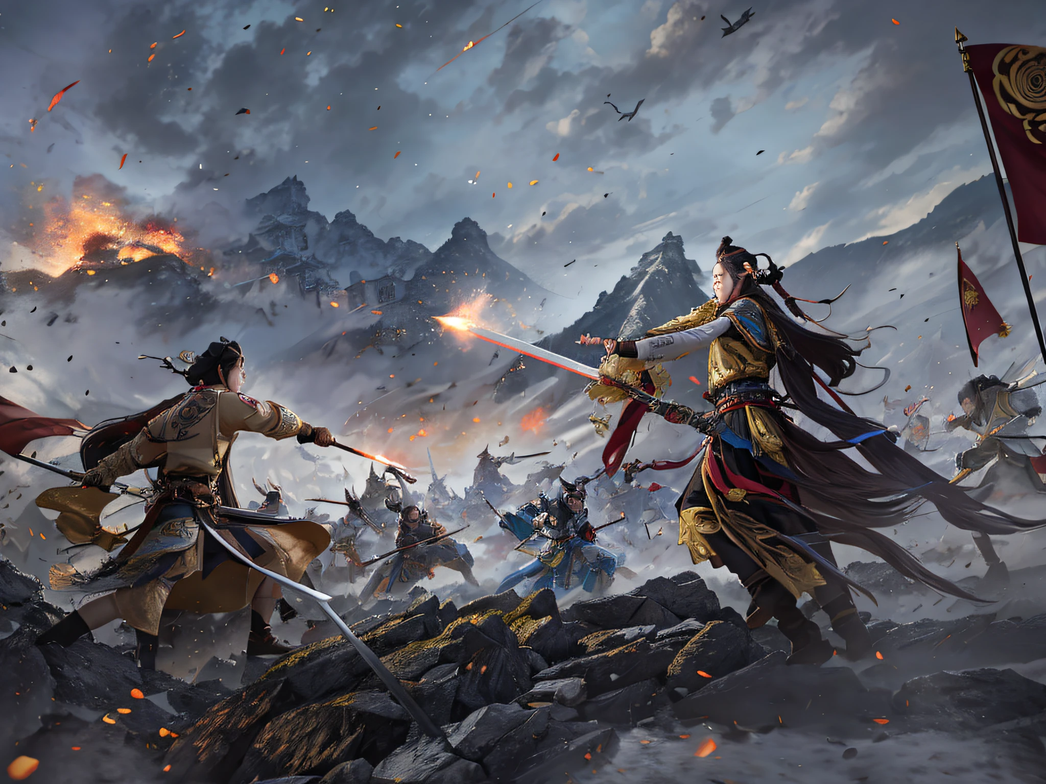 There are many characters in the picture, detailed illustrations of the game art, Cheng Wei Pan on Artstation, inspired by Fenghua Bell, heroic battle scenes, by Yang J, Ismail Inseoglu and Ruan Jia, CGsociety and Fenghua Zhong, Three Kingdoms of China, by Wu Zhun Shifan, background: battle scenes, flames, war fire heroic battle scenes Swords and guns