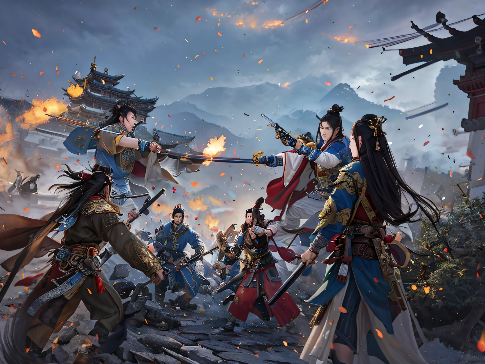 There are many characters in the picture, detailed illustrations of the game art, Cheng Wei Pan on Artstation, inspired by Fenghua Bell, heroic battle scenes, by Yang J, Ismail Inseoglu and Ruan Jia, CGsociety and Fenghua Zhong, Three Kingdoms of China, by Wu Zhun Shifan, background: battle scenes, flames, war fire heroic battle scenes Swords and guns