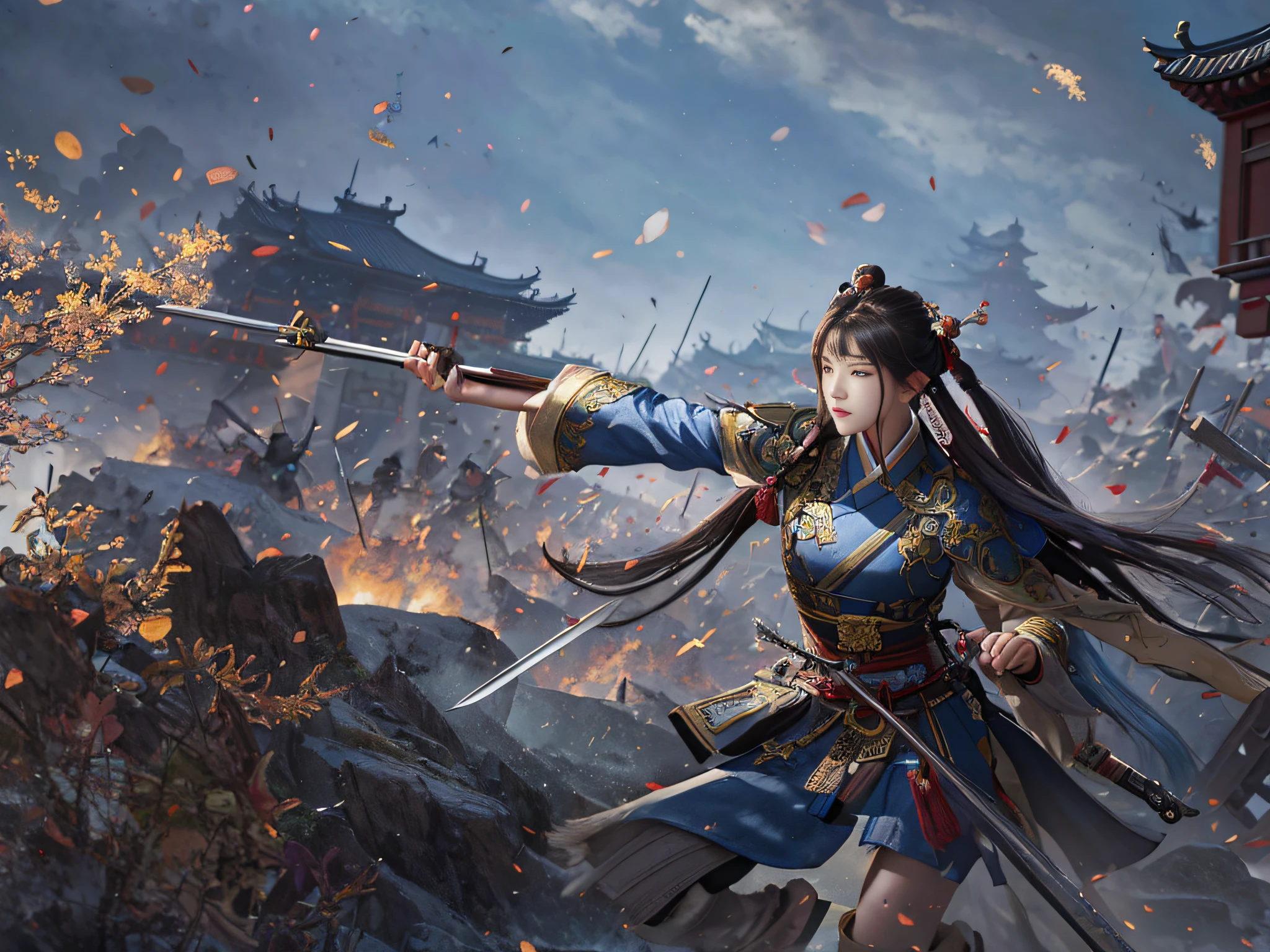 There are many characters in the picture, detailed illustrations of the game art, Cheng Wei Pan on Artstation, inspired by Fenghua Bell, heroic battle scenes, by Yang J, Ismail Inseoglu and Ruan Jia, CGsociety and Fenghua Zhong, Three Kingdoms of China, by Wu Zhun Shifan, background: battle scenes, flames, war fire heroic battle scenes Swords and guns