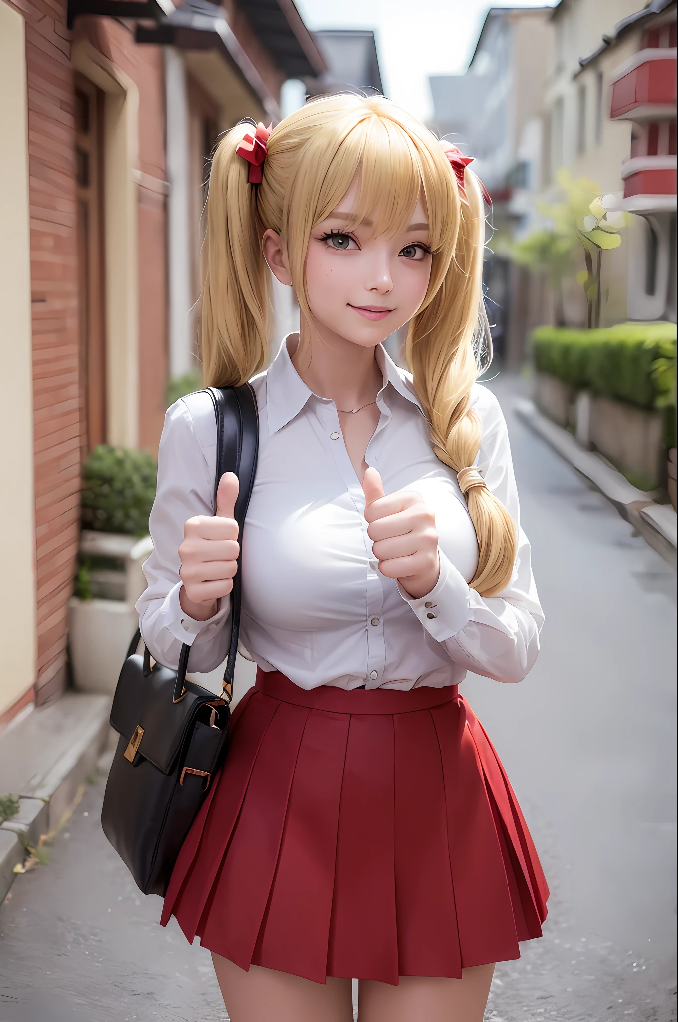 ((full-length photo: 1.5, standing, whole body, feet on the ground, general plan: 1.4)), masterpiece, best quality, super detailed, beautiful detailed face, intricate details, flat color, depth of field, girl, teenager, anime, legs spread wide, looks at the viewer, (village:1), nature, (blonde:1.6), (twintails:1.5), ((red pleated miniskirt, red skirt)), white shirt, white shirt, unbuttoned top buttons, unbuttoned shirt, white blouse, (without bra:1.1), plunging neckline, black tights, high-heeled shoes, detailed leather texture, detailed fabric texture, huge breasts, (blue eyes:1,2), (ruddy:1), ((fist clenched, points to camera, thumbs up)), smiles, winks