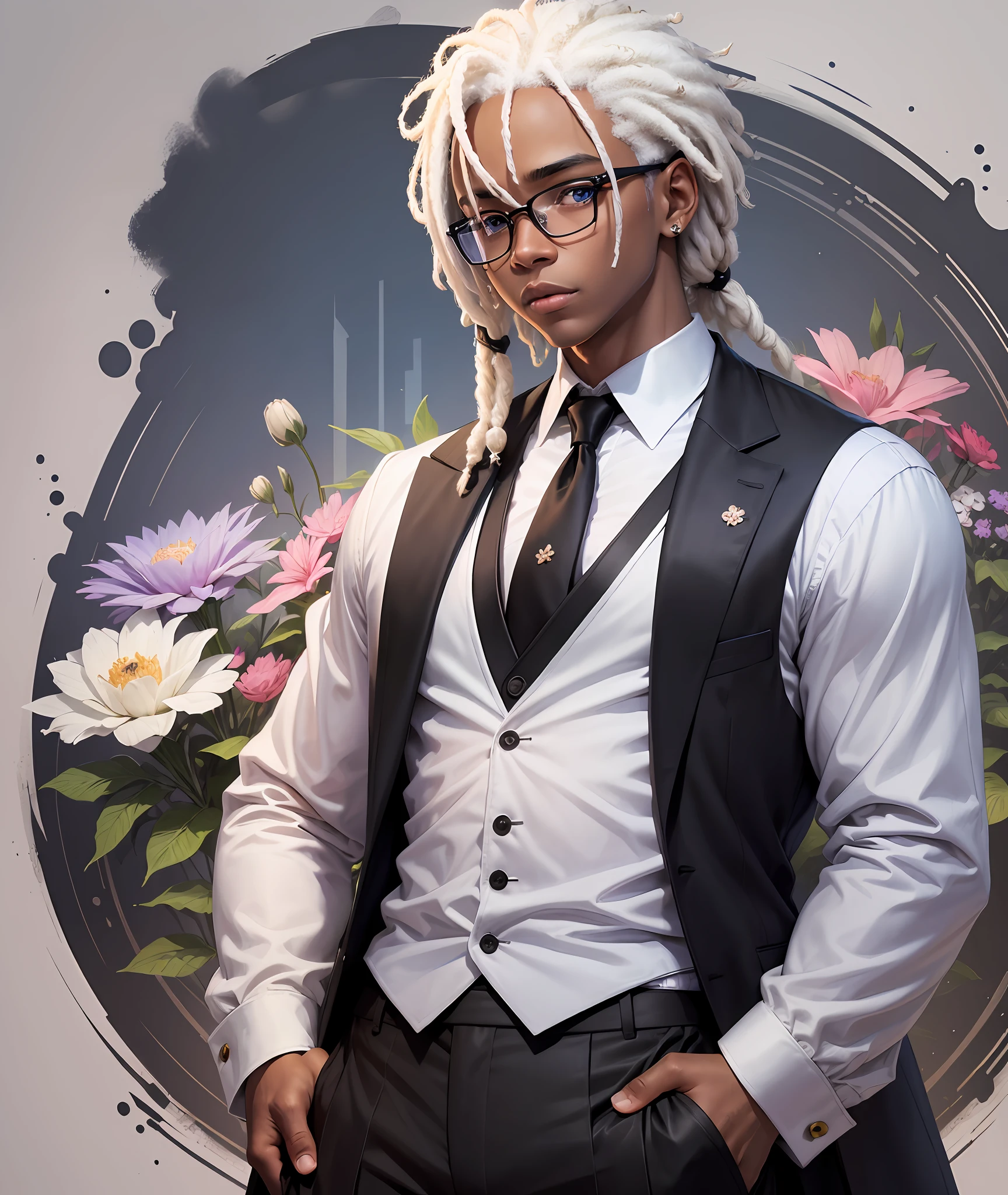 (masterpiece), (best quality: 1.0), (ultra highres: 1.0), detailed illustration, 8k, anime, 1boy, anime boy,((black skin)),blue suit, black vest, white shirt, black tie, hands in pocket, detailed face, glasses, dark blue eyes, detailed eyes, day, red flower background, detailed, anime style, best quality,straight hair with dreadlocks ((albino)) ((short hair)) ((chubby complexion)) --auto --s2