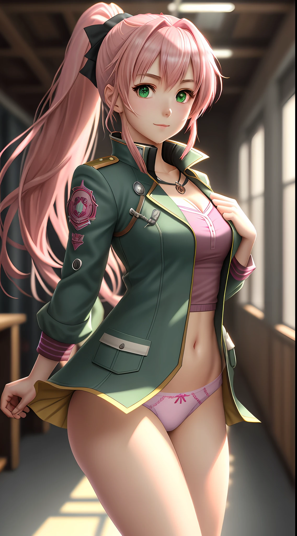 best quality, 8k, sharp focus, depth of field, best shadows, perfect lights, HDR, realistic skin texture, detailed, hyper detailed background, solo, 1 woman, Yuna crawford, pink hair, ponytail and messy bangs, green eyes, wearing a lewd blue college dress, showing off her pink panties, in a military school, anime style inspired by trails of cold steel IV,