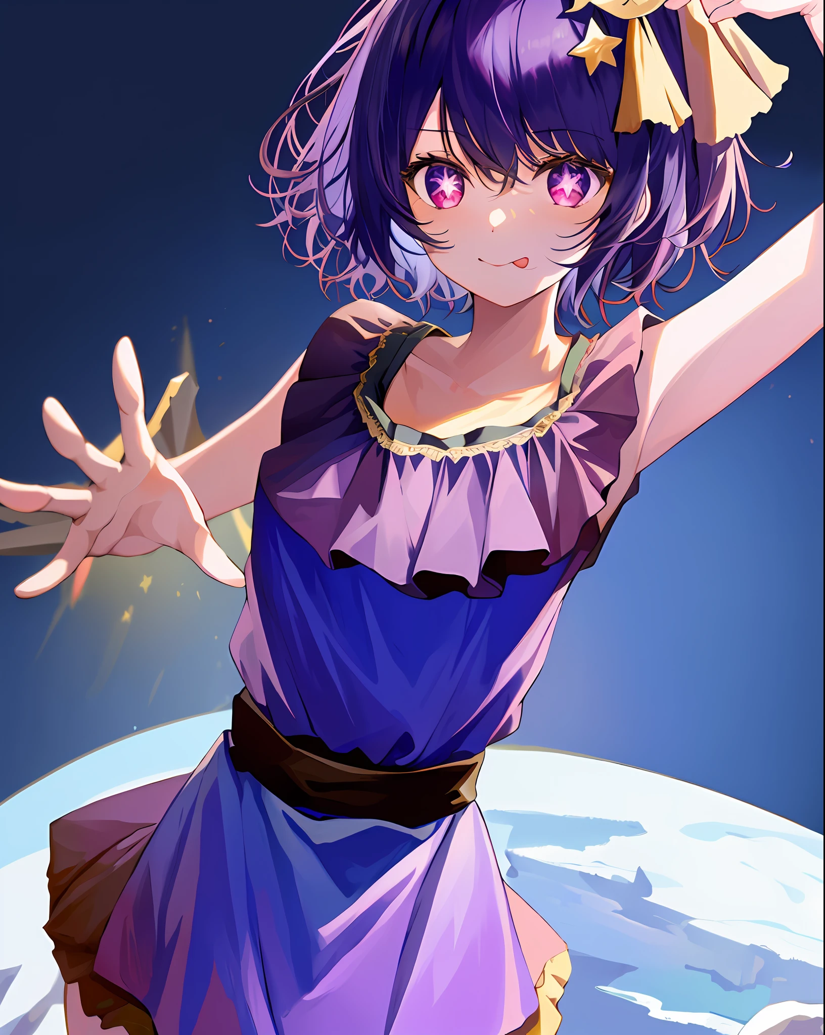 1 girl, full body, cowboy shot, (Rembrandt), illustration, (masterpiece), (best quality), (super detail), fine detail, (depth of field), hinoai, gloves, tongue sticking out, tongue, short hair, star \ (symbol), camera gaze, (purple hair: 1.2), pink eyes, upper body, hair ornament, :p, ruffles, blue shirt, smile, sleeveless, shirt, idol, symbol pupil, hands up, bangs, one side up, star-shaped pupils, arms raised, pulling dress, roaring twenties, isometric, from above, sky, flower, cliff,