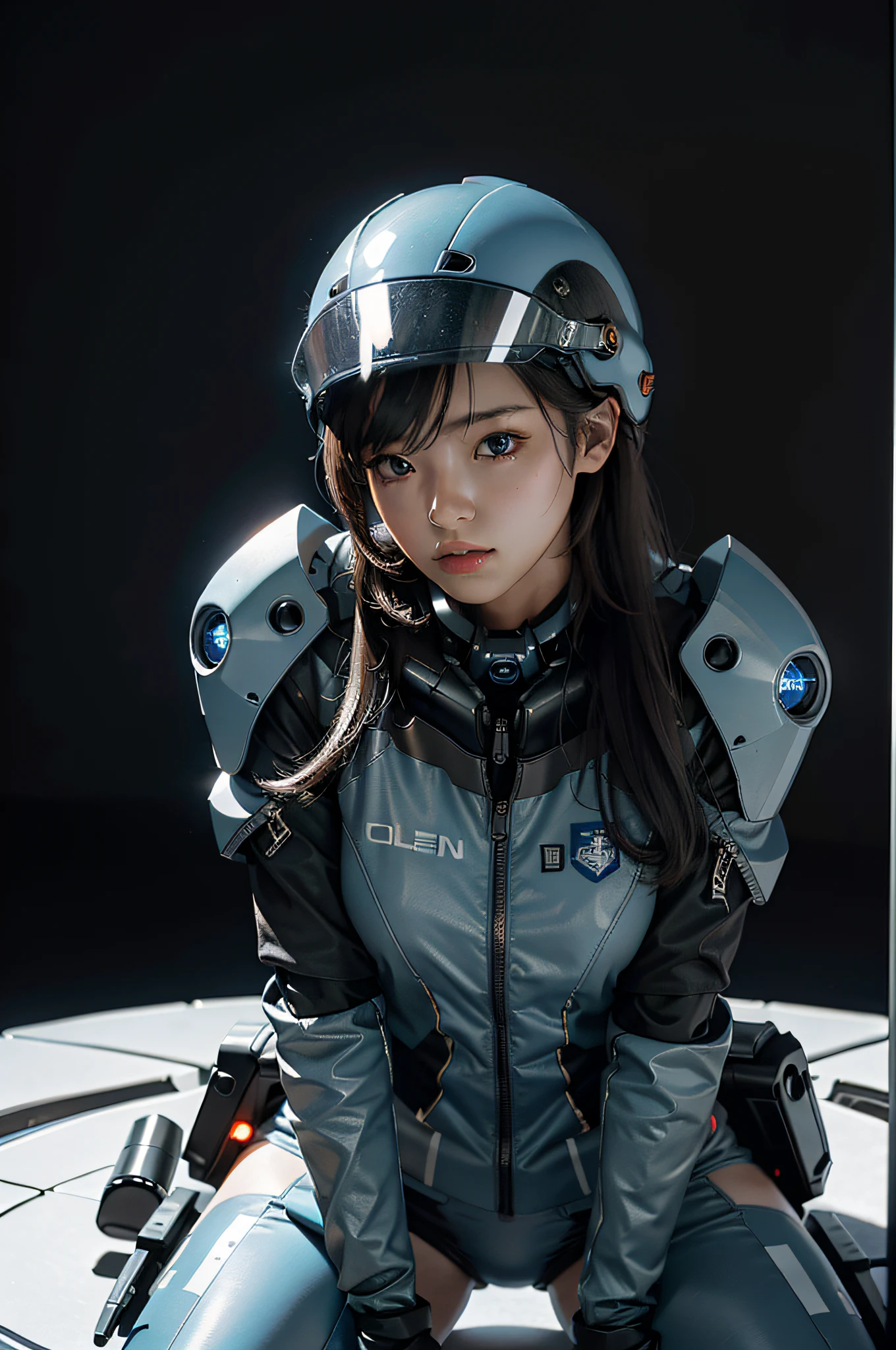Best image quality, outstanding detail, ultra-high resolution, (realism: 1.4), best illustration, prefer details, highly condensed 1girl, delicate and beautiful face, dressed in black and blue mech, wearing a mech helmet, wearing a black and white pilot suit, straddling the vehicle and leaning forward, the background is a high-tech lighting scene of a futuristic city.