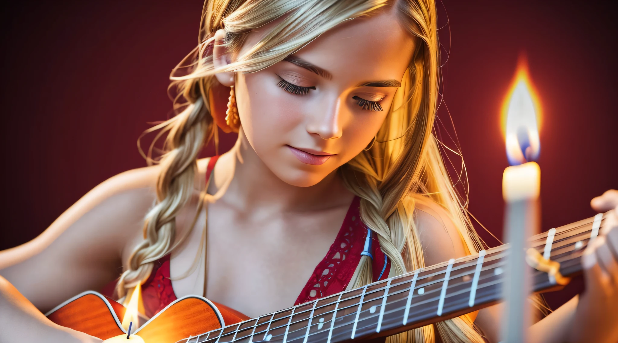 10 YEAR OLD GIRL LONG BLONDE HAIR WITH BRAIDS ,ULTRA REALISTIC, MASTERPIECE, , REALISTIC PHOTO, CANDLES ACCESSES AND FIRE , RED BACKGROUND , GUITAR, (raw photo: 1.2), (photorealistic: 1.4), (best quality: 1.4), (ultra highres: 1.2), (highly detailed: 1.3), --auto --s2