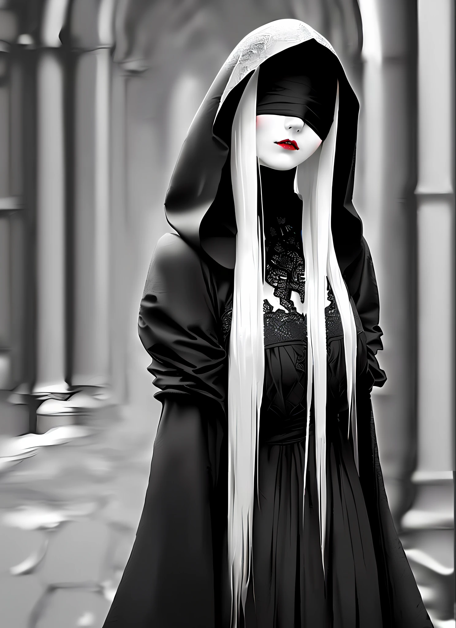 portrait, masterpiece, best quality, beautiful young woman, 1girl, dynamic pose, godrays, long white hair, (highly detailed), (realistic:1.4), black lips, pale white skin, (black hood covering eyes), (blindfold), black cloak, detailed gothic dress, lace, vampire, spot color, dark alleyway, castle in background,