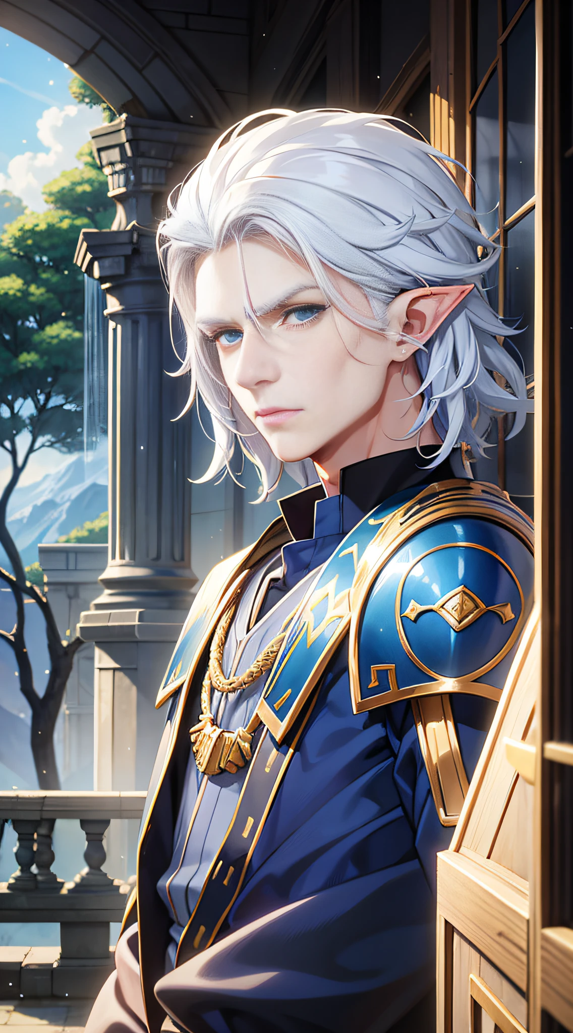 Male elf king, white hair and blue eyes, handsome uncle, highlighting the charm of time precipitation, wisdom, looking into the distance, anime style,