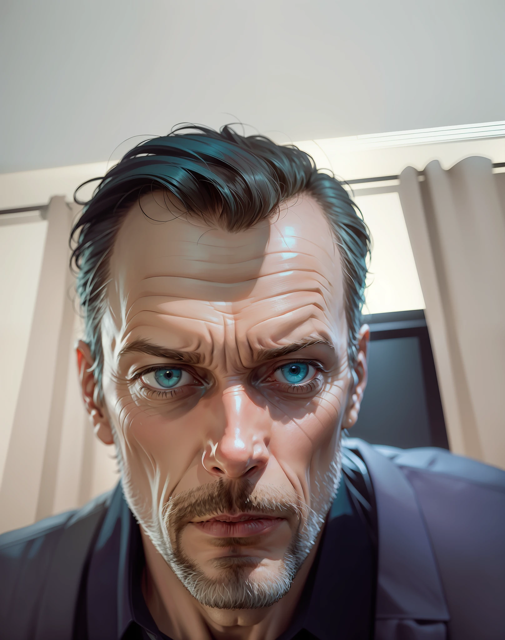 portrait of a award winning photo of hugh laurie posing in a dark studio, (rim lighting,:1.4) two tone lighting, sharp focus, teal hue, octane, unreal, dimly lit, low key, --auto --s2