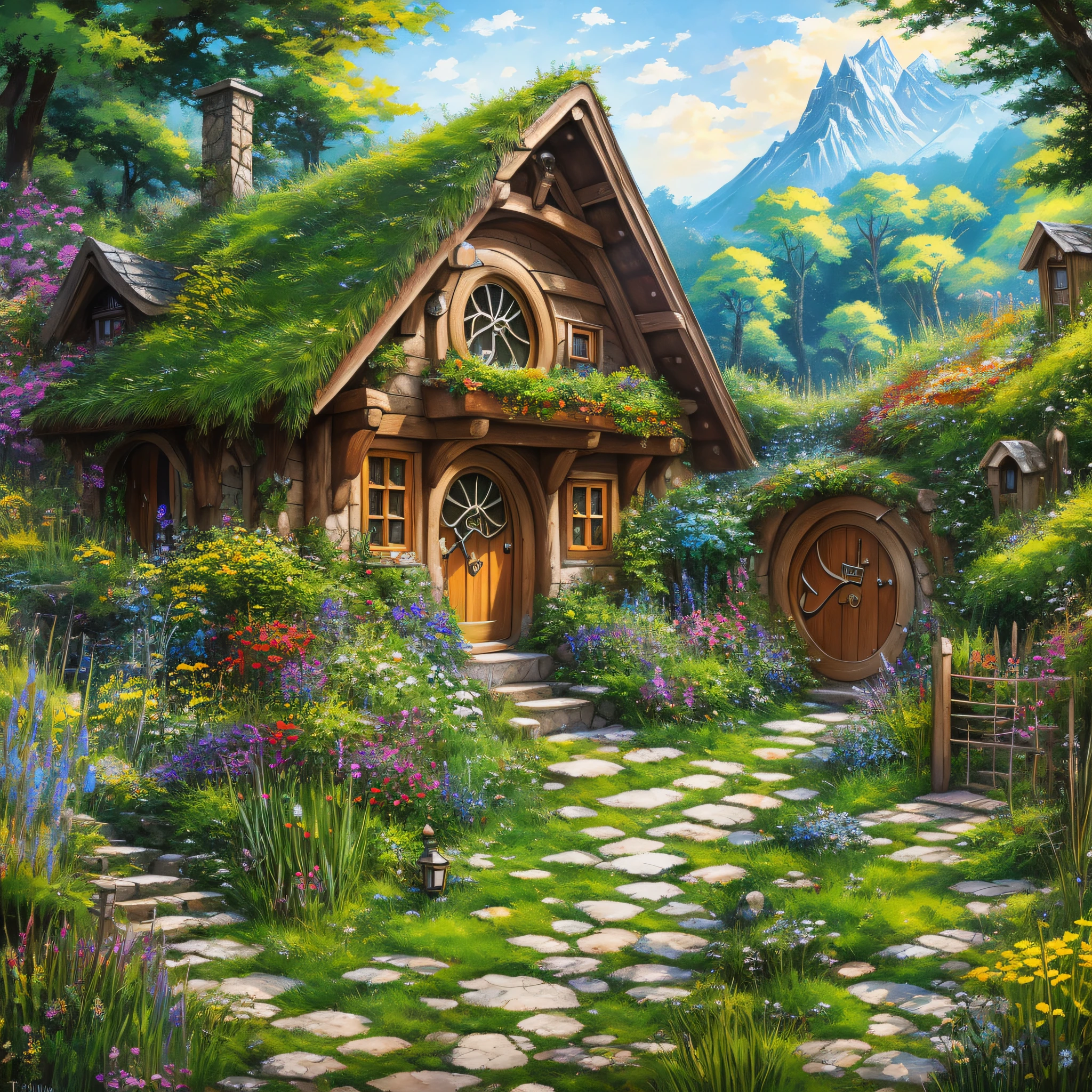 Real and realistic world, beautiful hobbit house on the hill, Laurie Griesley style, Studio Ghibli, James Girard, Genshin Impact, trending pixiv fan box, acrylic palette knife, 4K, vibrant colors, Devinart, Trending on Art Station --auto --s2
