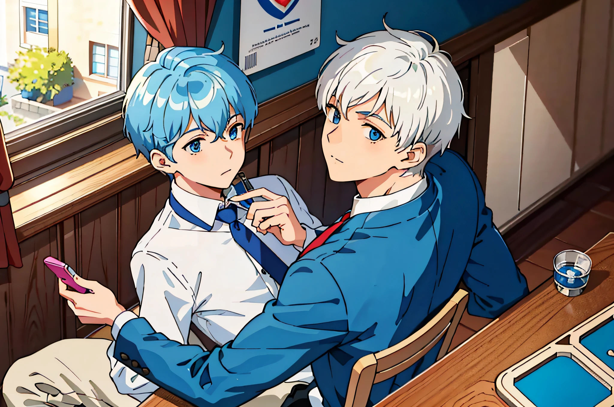 In the dormitory of the school, a boy with short white hair and blue eyes sits at a table, (((playing games with a mobile phone in his hand 1.2)))), solo,