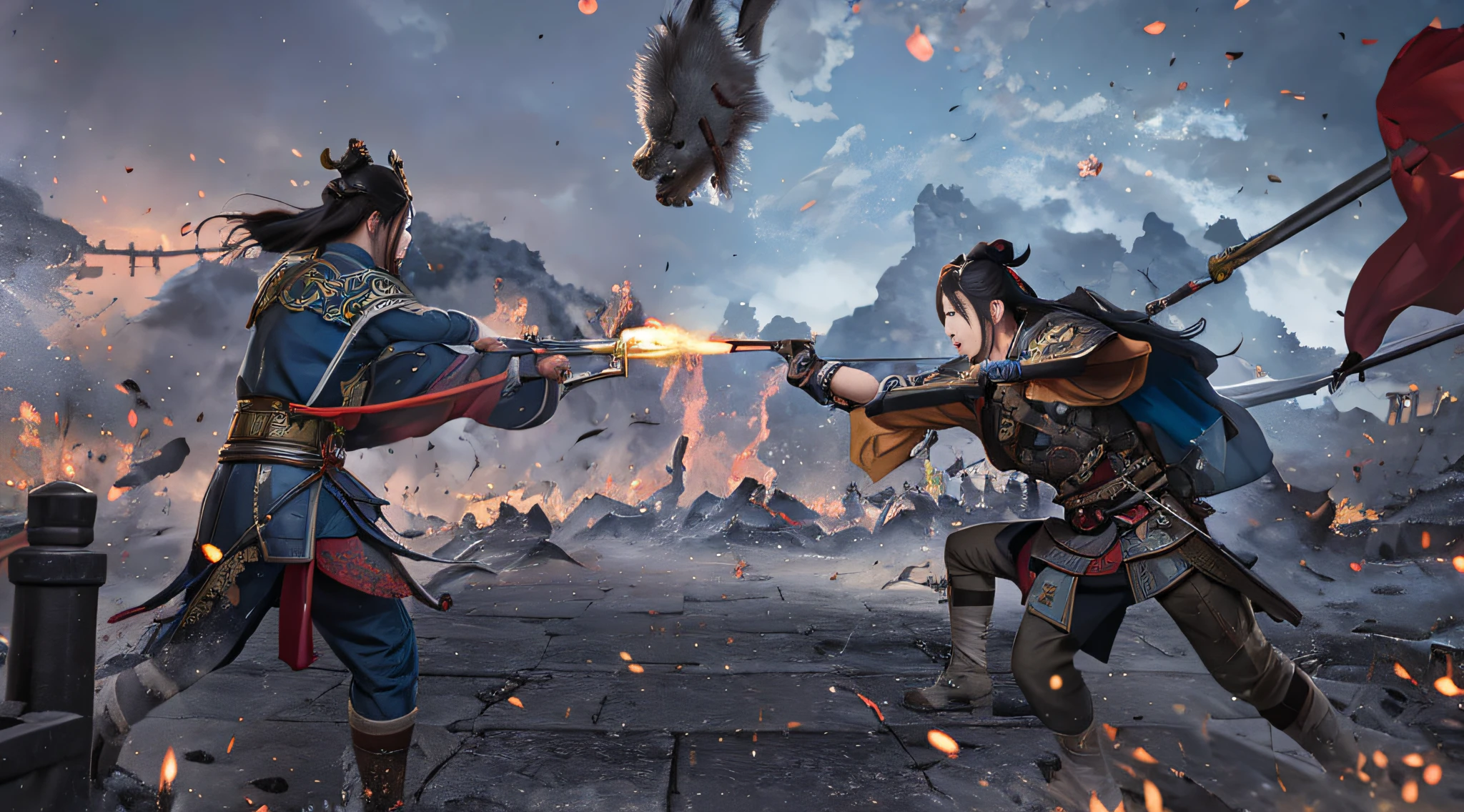 There are many characters in the picture, detailed illustrations of the game art, Cheng Wei Pan on Artstation, inspired by Fenghua Bell, heroic battle scenes, by Yang J, Ismail Inseogloo and Ruan Jia, CGsociety and Fenghua Zhong, Three Kingdoms of China, by Wu Zhun Shifan, background: battle scenes, flames, war fire heroic battle scenes knife and gun versus battle Switch perspectives