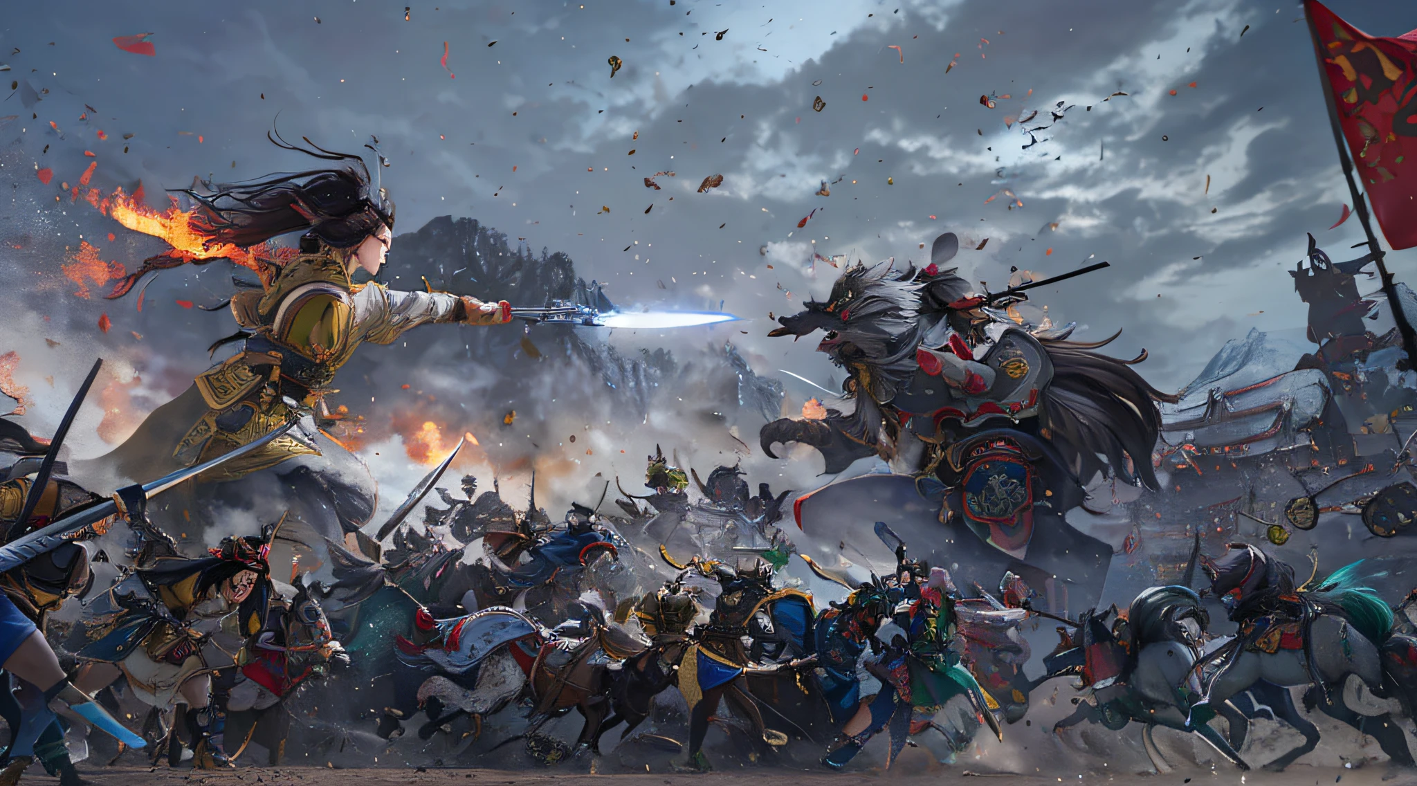 There are many characters in the picture, detailed illustrations of the game art, Cheng Wei Pan on Artstation, inspired by Fenghua Bell, heroic battle scenes, by Yang J, Ismail Inseogloo and Ruan Jia, CGsociety and Fenghua Zhong, Three Kingdoms of China, by Wu Zhun Shifan, background: battle scenes, flames, war fire heroic battle scenes knife and gun versus battle Switch perspectives