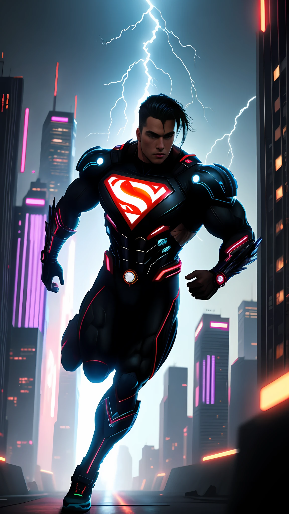 cyberpunk superman, bodybuilder, running, in the background a city, lightning in the sky, ultra details, ultra realistic, cinematic , octane render, 16k