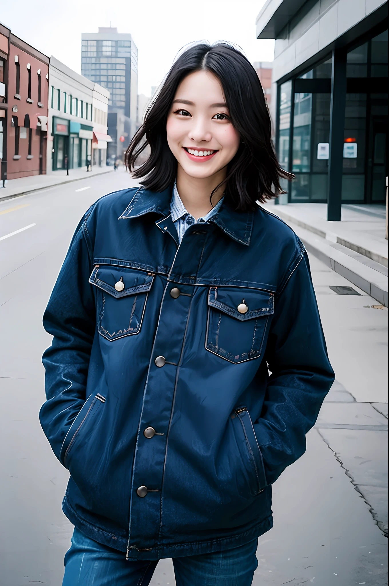 (morning), one girl, one, looking viewer, winter, cowboy shot, (downtown), cowboy shot, smile, black hair