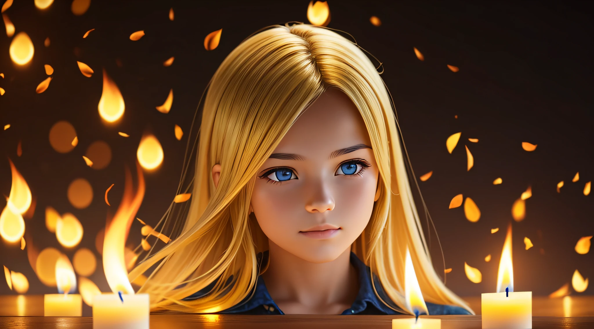 10 YEAR OLD GIRL STRAIGHT BLONDE HAIR,ULTRA REALISTIC, MASTERPIECE, , REALISTIC PHOTO, CANDLES AND FIRE, YELLOW BACKGROUND (rough photo: 1.2), (photorealistic: 1.4), (best quality: 1.4), (ultra highres: 1.2), (highly detailed: 1.3), --auto --s2