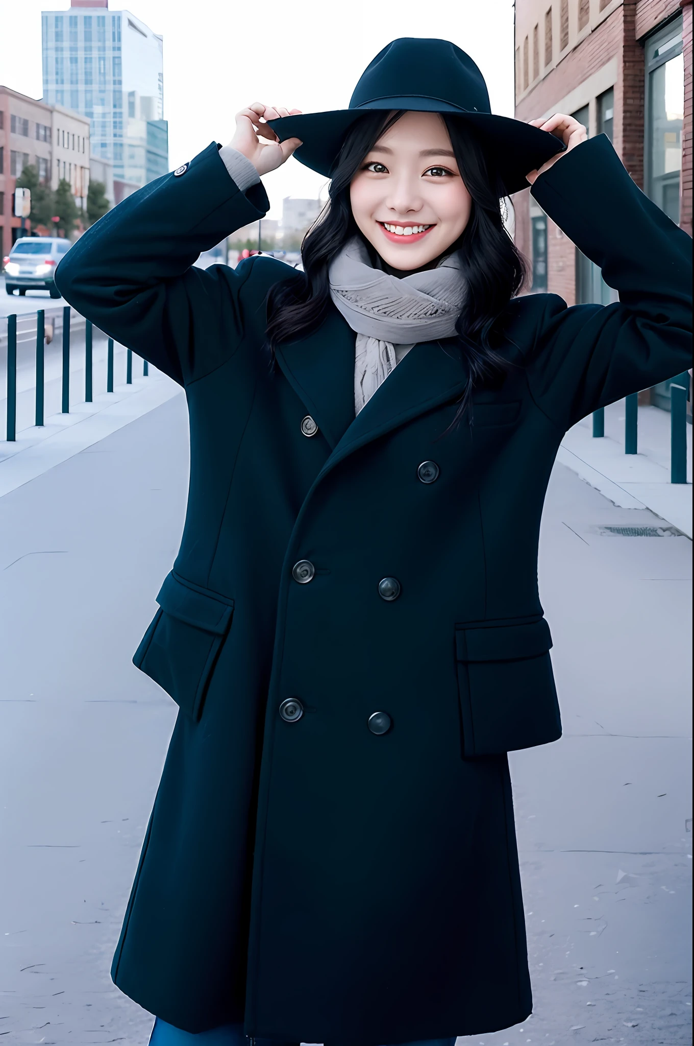 (morning), one girl, one, looking viewer, winter, cowboy shot, (downtown), cowboy shot, smile, black hair