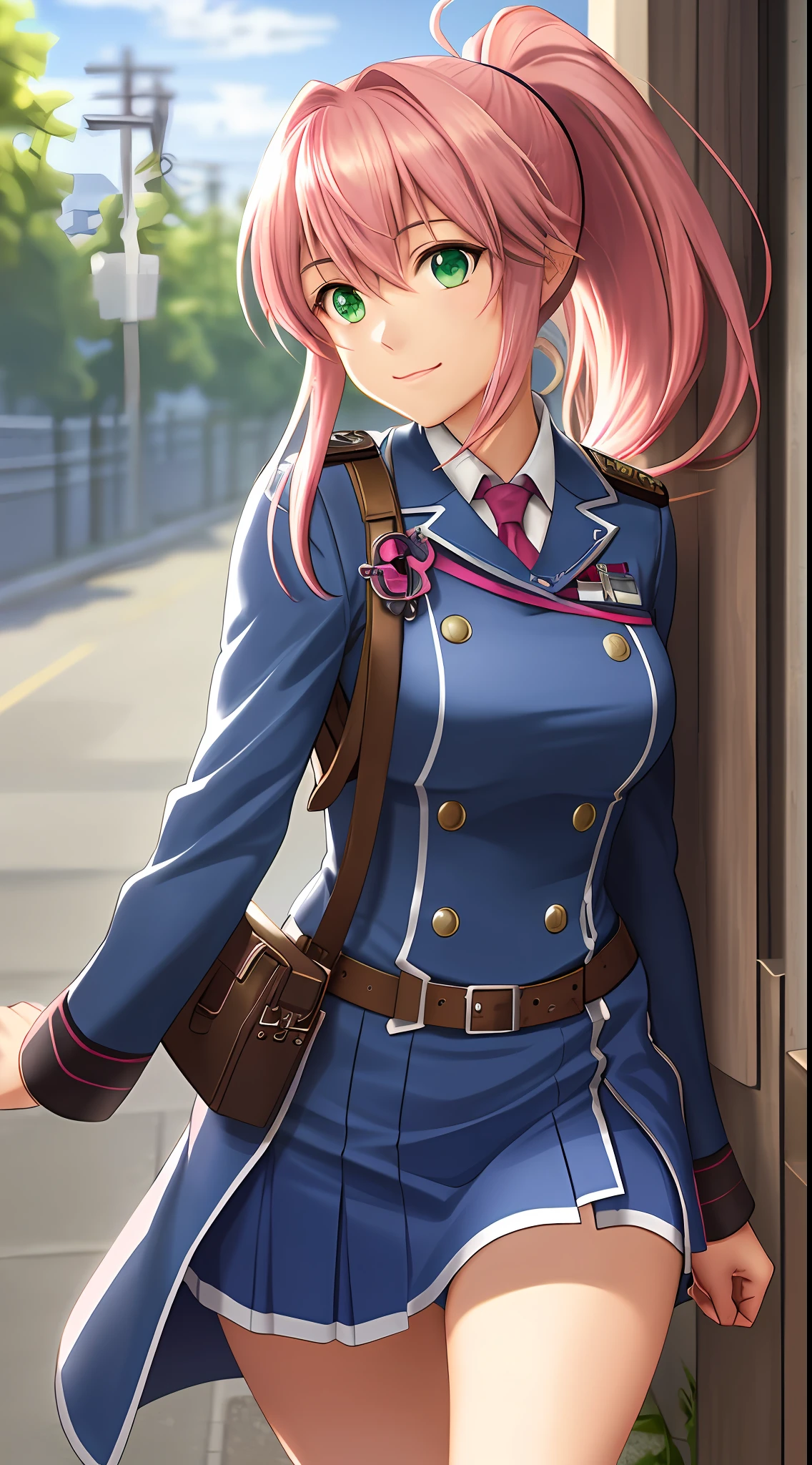 best quality, 8k, sharp focus, depth of field, best shadows, perfect lights, HDR, realistic skin texture, detailed, hyper detailed background, solo, 1 woman, Yuna crawford, pink hair, ponytail shorts and messy bangs, green eyes, wearing a lewd blue college dress, showing off her pink panties, in a military school, anime style inspired by trails of cold steel IV,