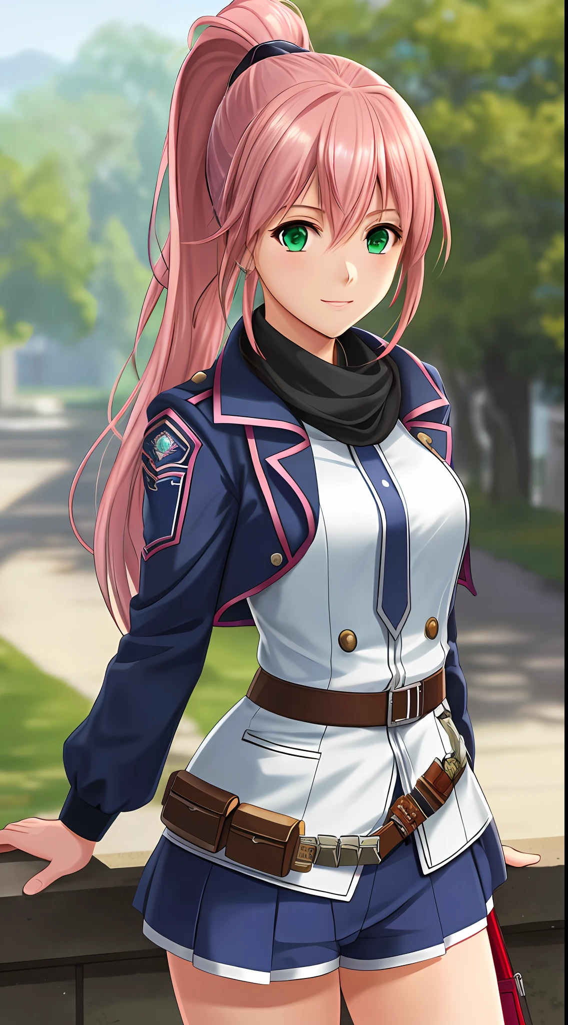 best quality, 8k, sharp focus, depth of field, best shadows, perfect lights, HDR, realistic skin texture, detailed, hyper detailed background, solo, 1 woman, Yuna crawford, pink hair, ponytail shorts and messy bangs, green eyes, wearing a lewd blue college dress, showing off her pink panties, in a military school, anime style inspired by trails of cold steel IV,