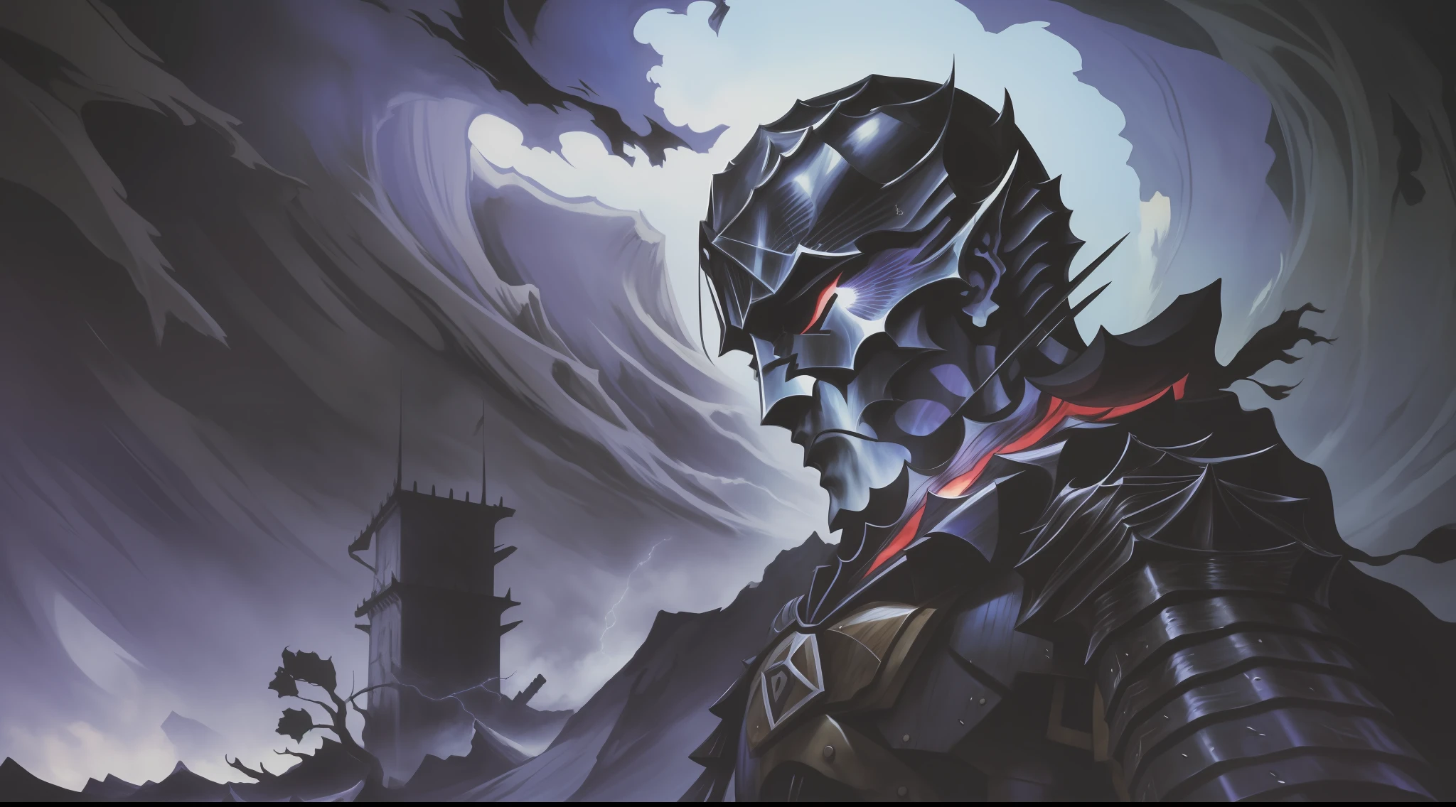 Generate an Anime Art Wallpaper in 4K resolution, featuring a mesmerizing digital artwork with an anime theme and a distinct Berserk character style. The image should showcase extremely detailed art, capturing the dark and gritty atmosphere of the Berserk series. Pay close attention to intricate linework, atmospheric lighting, and dynamic compositions. Portray a central character or characters in the Berserk style, emphasizing their strength, determination, and the darkness within them. Use a rich color palette to evoke the intense emotions and supernatural elements present in Berserk. The background can reflect the eerie and gothic world of the series, featuring dark forests, towering castles, or haunting ruins. The overall image should captivate viewers and immerse them in the brooding and visceral world of Berserk. This Anime Art Wallpaper should be a testament to the raw power and artistic brilliance of the series, creating an unforgettable visual experience for fans