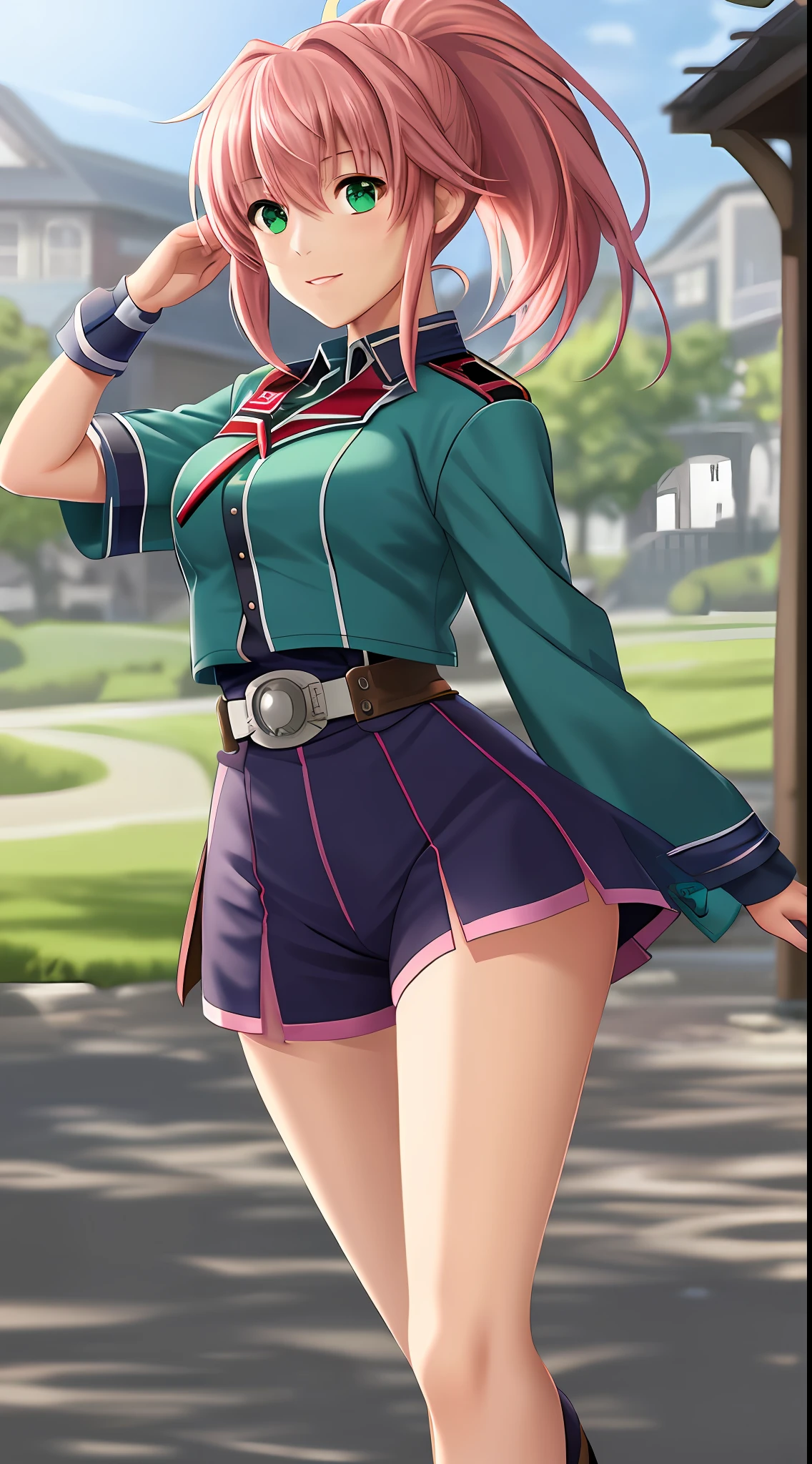 best quality, 8k, sharp focus, depth of field, best shadows, perfect lights, HDR, realistic skin texture, detailed, hyper detailed background, solo, 1 woman, Yuna crawford, pink hair, ponytail shorts and messy bangs, green eyes, wearing a lewd blue college dress, showing off her pink panties, in a military school, anime style inspired by trails of cold steel IV,