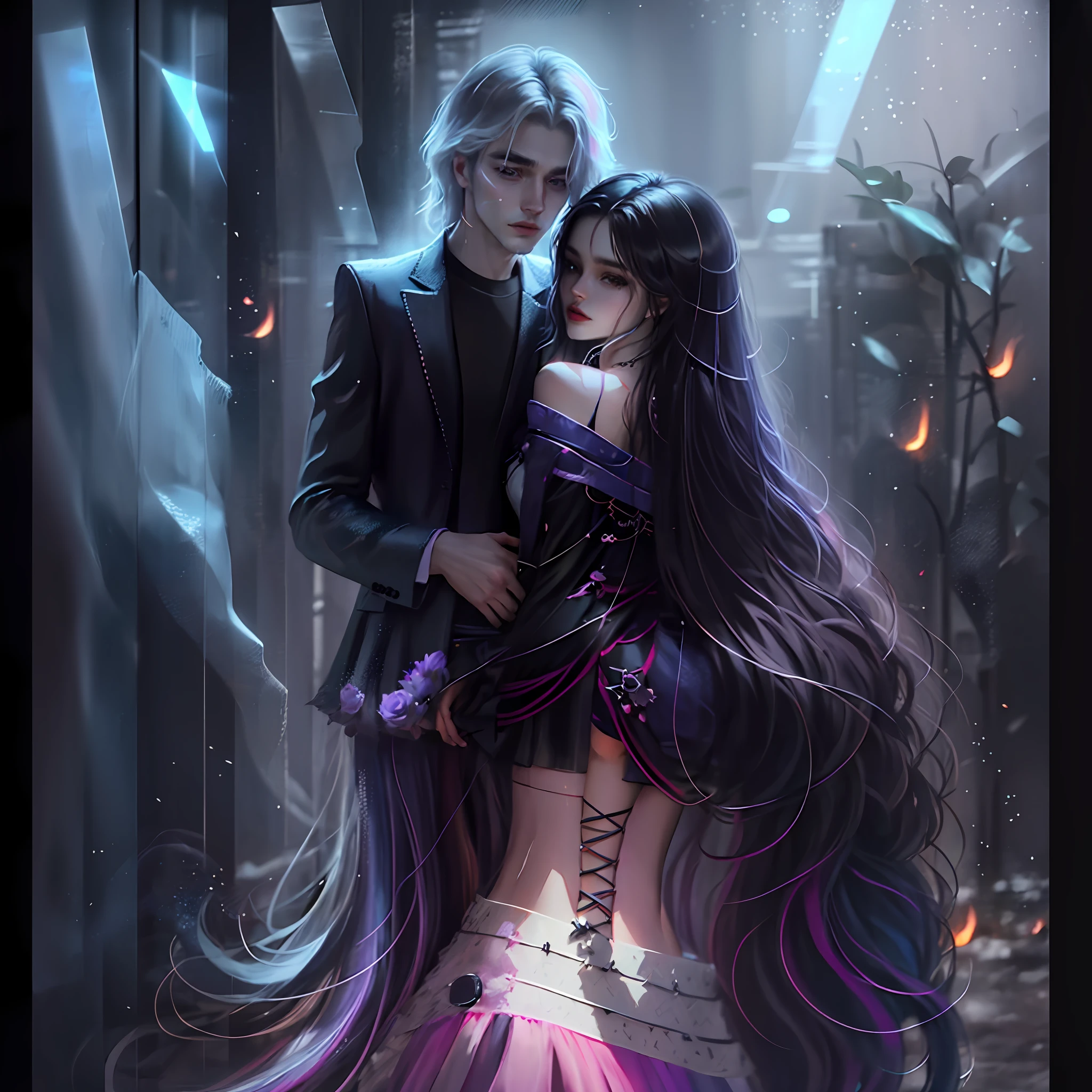 (high quality, top quality, dark, cool colors) man and woman in a romantic moment. --auto --s2