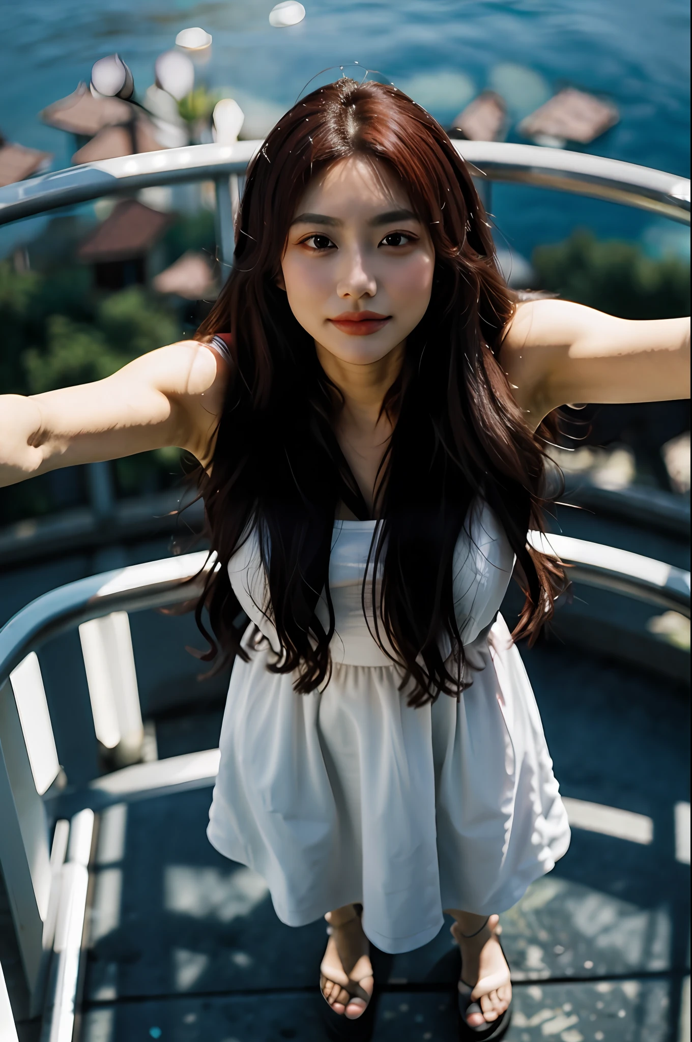 1girl, depth of field, idol, long hair, from above, standing, foreshortening, close-up,