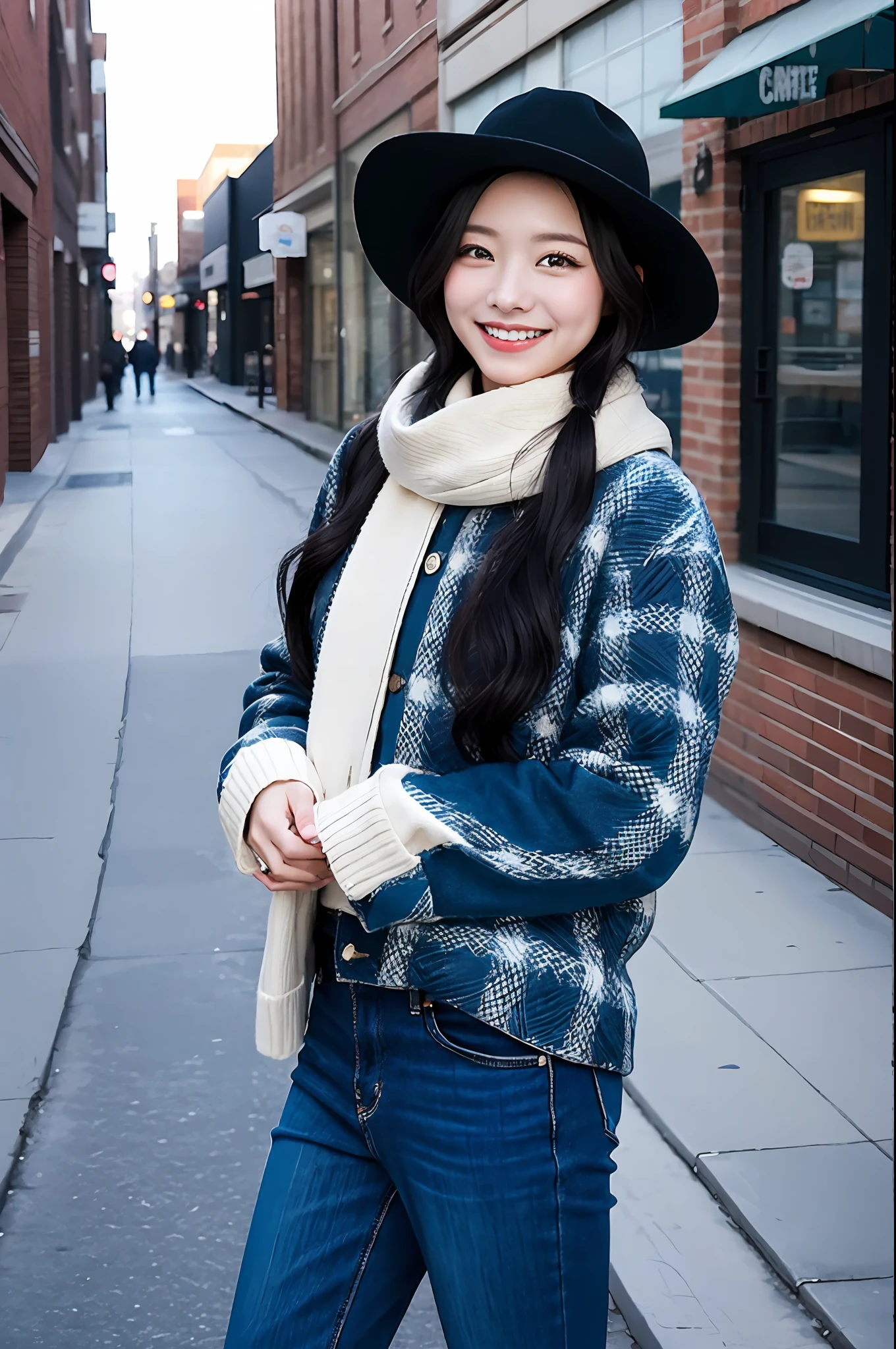 (morning), one girl, one, looking viewer, winter, cowboy shot, (downtown), cowboy shot, smile, black hair