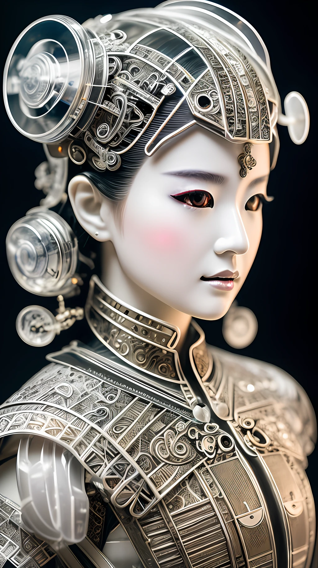 A portrait photograph of mid-twenties Japanese female android made of white and silver transparent glass and plastic, geisha makeup and hairstyle, silver metal internal body mechanisms, dynamic pose, flowing organic construction, detailed engraving, lacework designs, glowing golden circuitry, colorful neon trim, detailed engraving, lacework designs, glowing circuitry, neon trim, art by H.R. Giger, Greg Rutowski