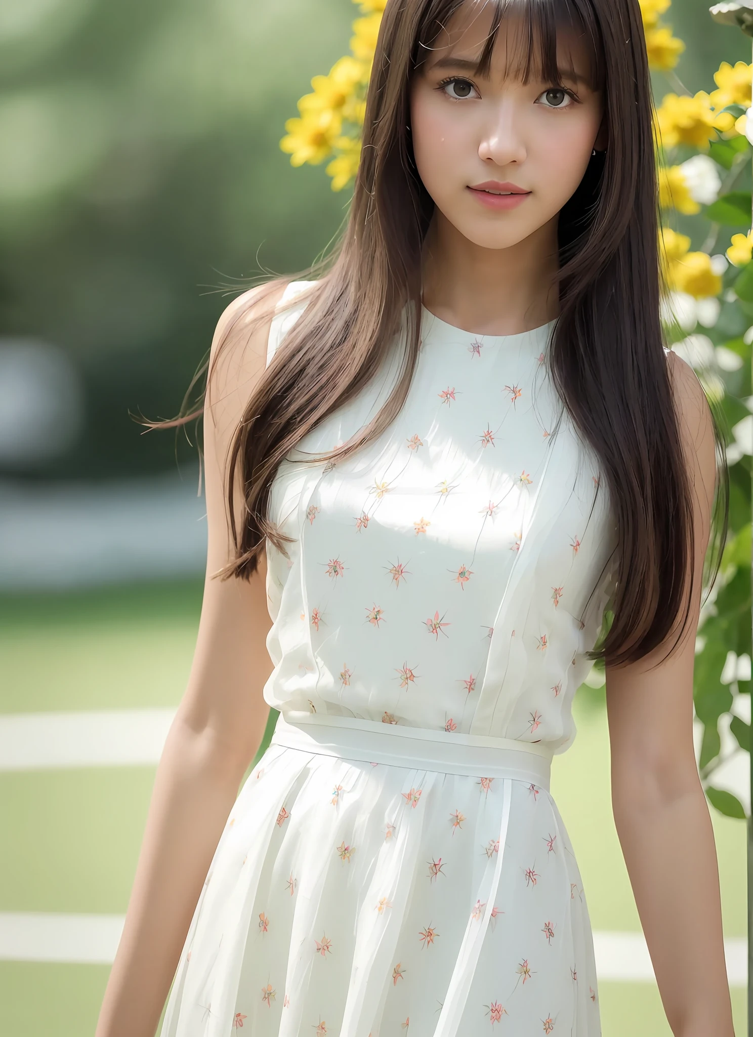(8k, RAW photo, best quality, masterpiece:1.2), (realistic, photo-realistic:1.37), best quality, ultra high res, photon mapping, radiosity, physically-based rendering,bblurry, blurry_foreground, depth_of_field, blurry_background, photo_\(medium\), motion_blur,1girl, (full body),long legs,thin legs,medium hair, bangs,(see through bangs), lips, solo, black_eyes, nose,soft,holding hands,floral Dress, white dress, long dress, floral print, narrow waist, {{{looking at viewer}}}, shy, naughty face,