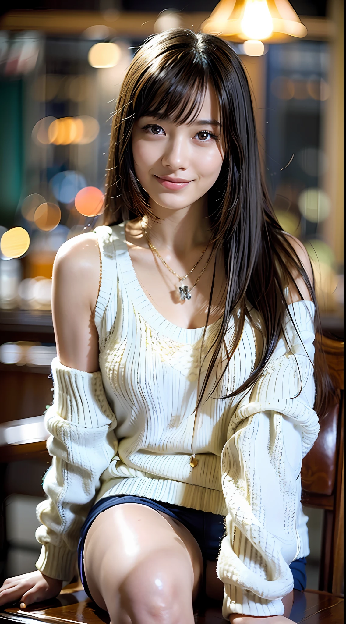 18-year-old girl with perfect face and big breasts, slim and slender physique. The skin has detailed and highly detailed eyes (1.1 emphasis), very detailed skin texture (1.1 emphasis). slender necklace, photorealistic, skin texture is real human skin texture, detailed skin pores, intricate details, eyes very detailed, light blue eyes, knee up, sexy chibi, smile, happy smile, night, midnight, dark, light from the side, gentle lighting, tavern, beer, toast, sitting on a chair, bright light blue knitted sweater to the knees, --s2