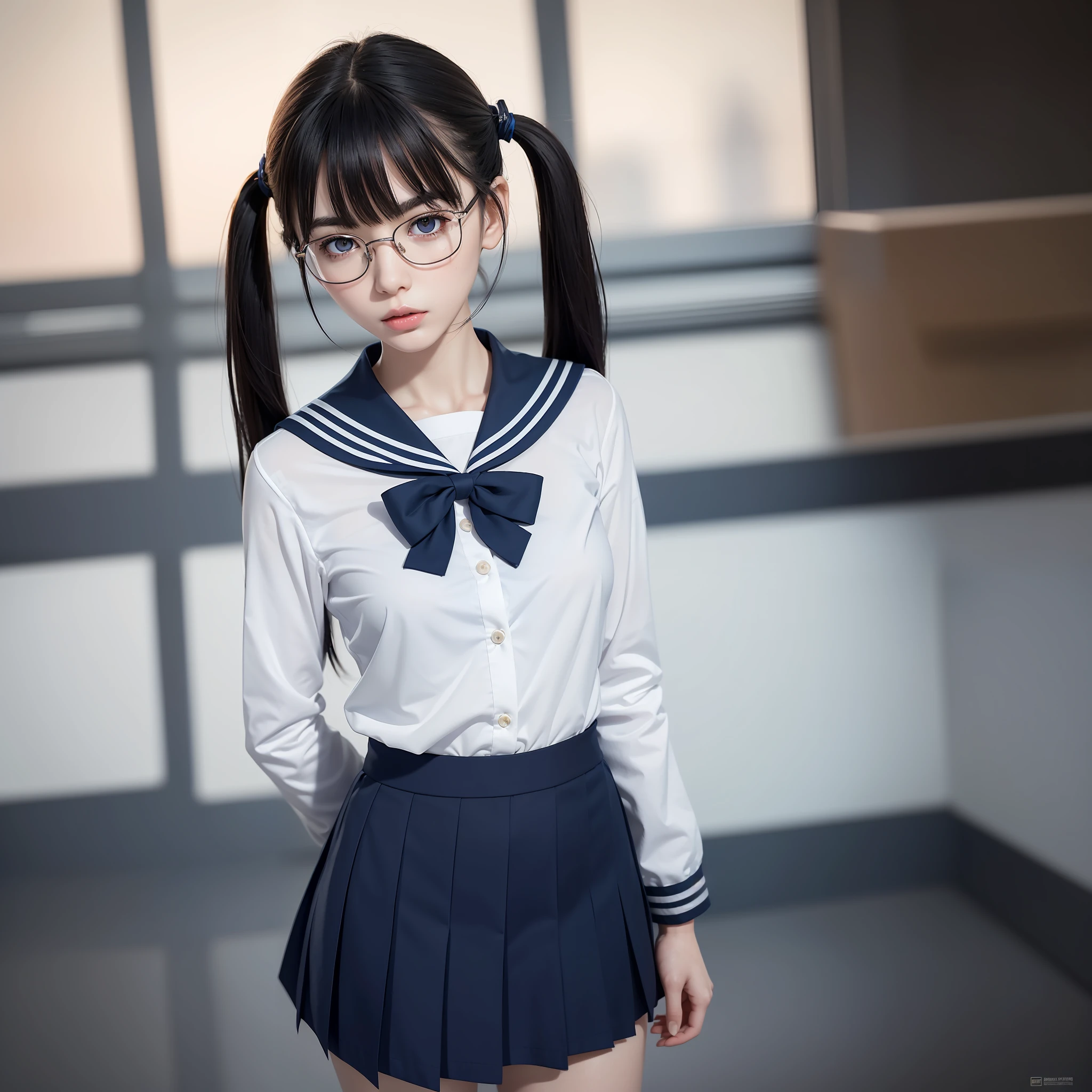 1 Girl,Solo,One Woman,Full Body,Sailor Uniform,School Uniform,Raw Photo,Candid,Beautiful Girl,Beauty,Textured Skin,((Narrow)),(Sharp Eyes),((Bangs about eyebrows)),(Medium Hair:1.2),(View Viewer)Blue and navy blue checked skirt,Short twin tails,Dynamic Lighting, High Resolution,Black Hair, Realistic,Detailed Eyes, Sharp Pupils, lifelike pupils, ultra detailed, slender, pale skin, Japan person, glasses, small, smooth breasts, flat breasts,young, tall, dark look, bright black eyes, anger, ,slender body, medium build, small waist, wide thighs, photorealistic