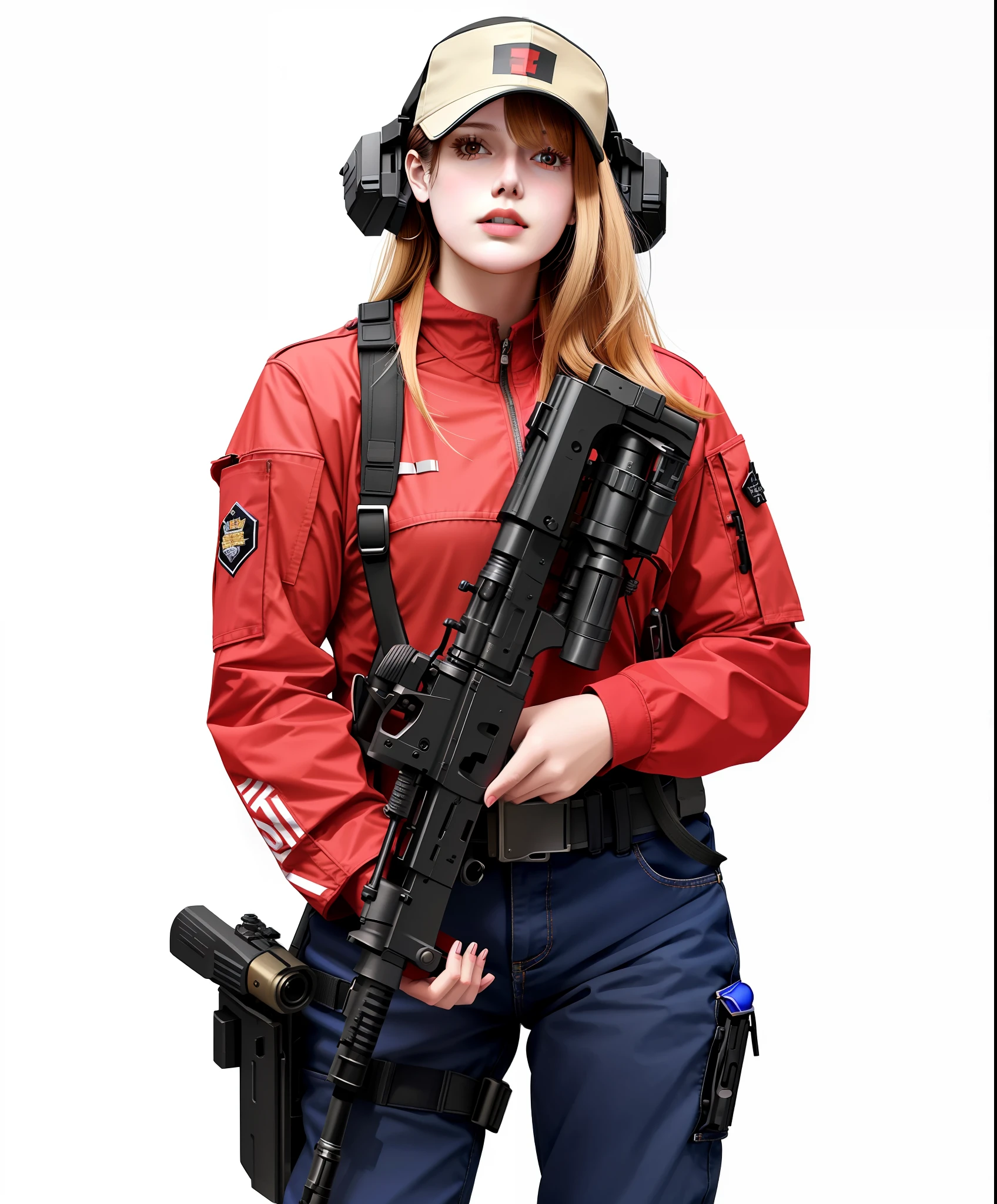 a woman in a red shirt and hat holding a gun, mechanized soldier girl, female lead character, with rifle, soldier girl, infantry girl, portrait of soldier girl, beautiful female soldier, render of april, holding a rifle, wearing tactical gear, holding rifle, female spy, with pistol, military girl, realistic character concept, with rifle in hands