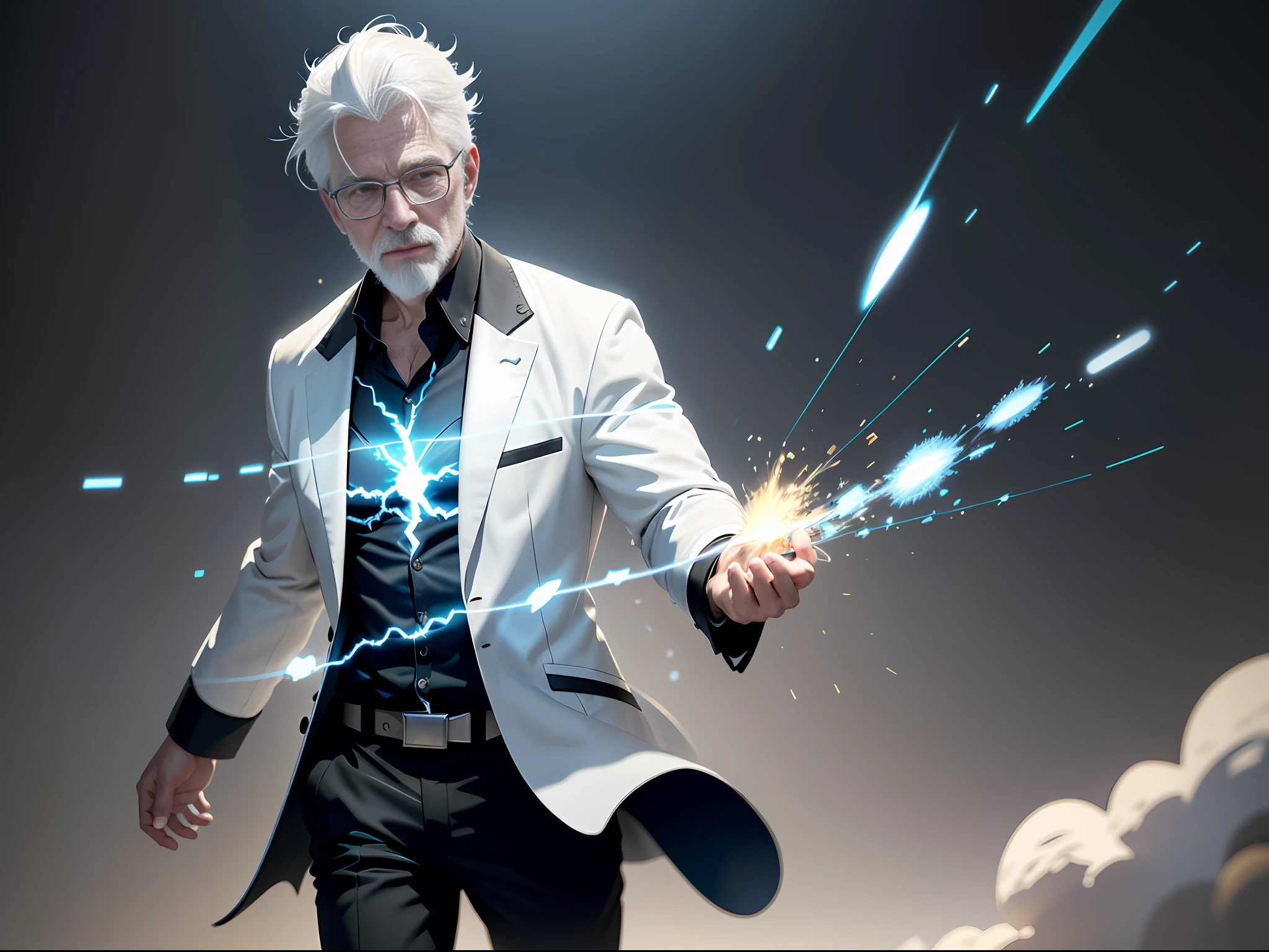 (White Haired Old Man: 1.2), (Blue and Black Lightning Particle Effects Around), 3D Rendering, Cinematic Light Effects, Cinematic Special Effects, Bangs, Black Hair, Black Shirt, Shirt, Solo, Trends on ArtStation, 8K Resolution, Very Detailed, Clear Images, Digital Painting, Concept Art, Trends on Pixiv, Makoto Shinkai's Style,