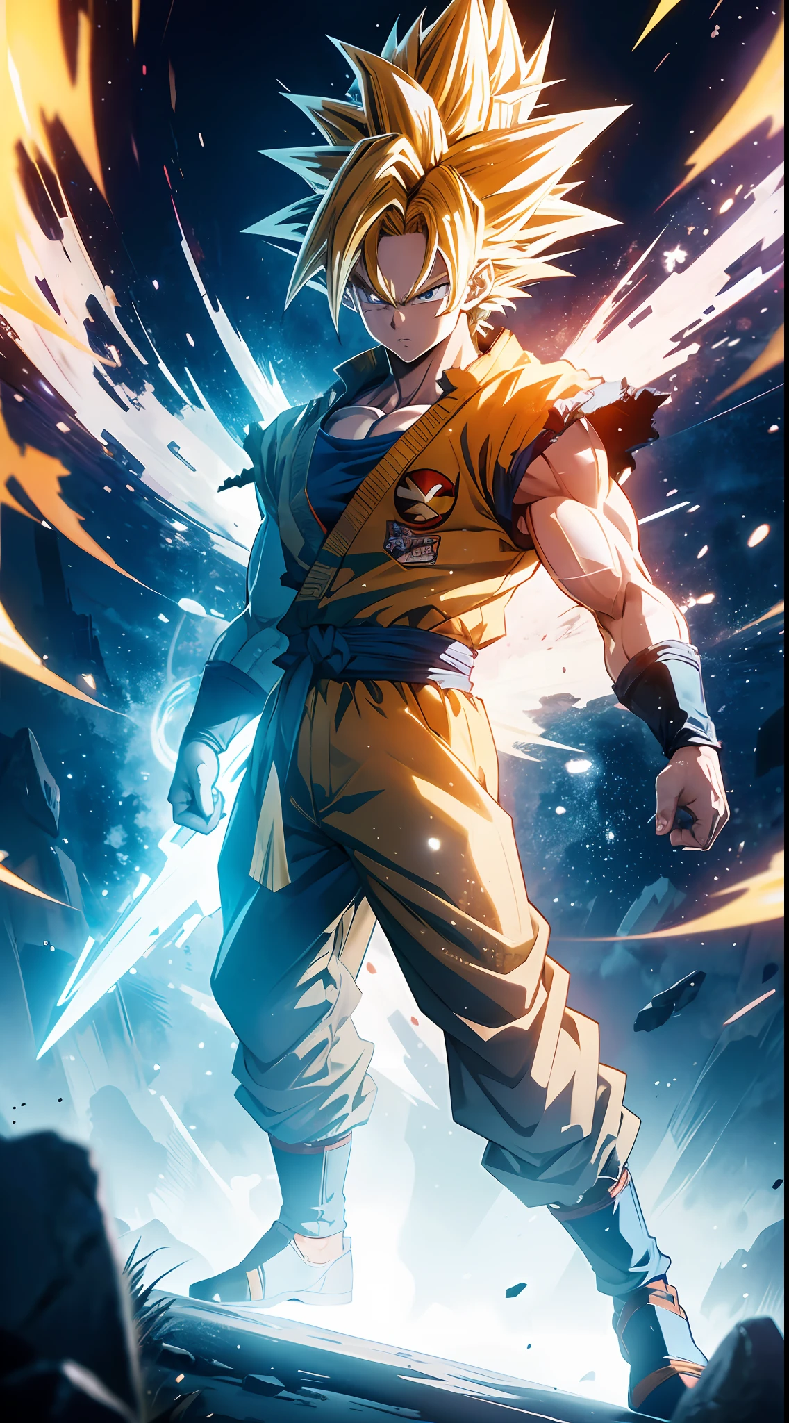 Masterpiece, best quality, 8K wallpaper, super high resolution, goku, super saiyan, yellow hair, full body, glowing blue, half yellow, dynamic light