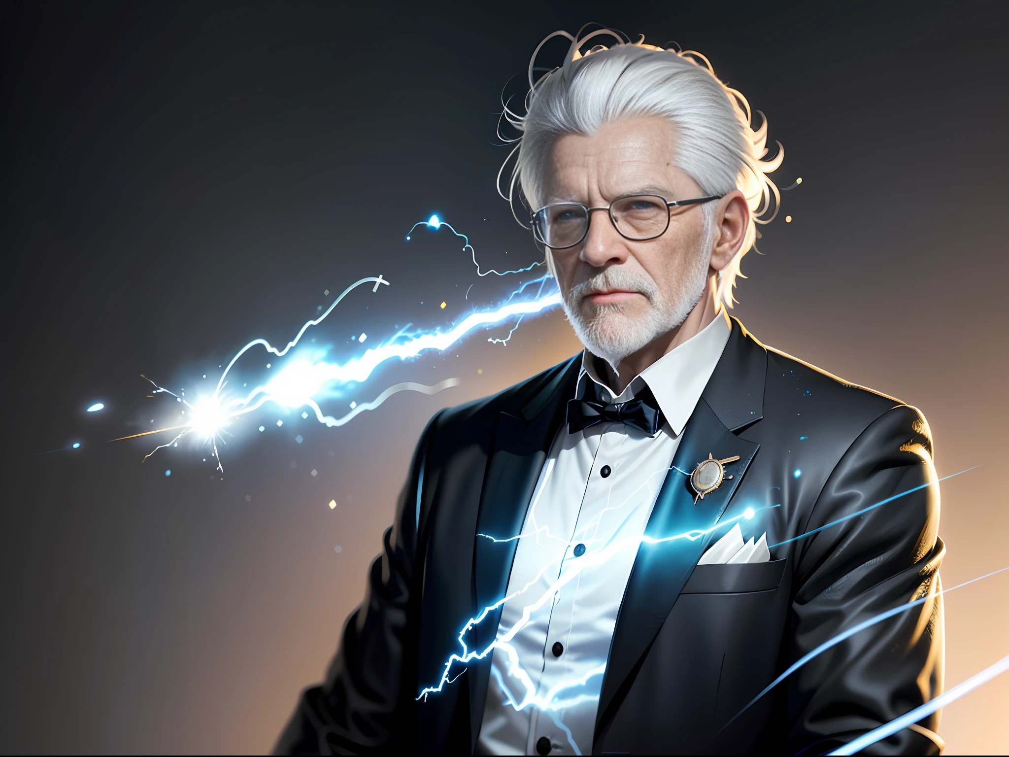 (White Haired Old Man: 1.2), (Blue and Black Lightning Particle Effects Around), 3D Rendering, Cinematic Light Effects, Cinematic Special Effects, Bangs, Black Hair, Black Shirt, Shirt, Solo, Trends on ArtStation, 8K Resolution, Very Detailed, Clear Images, Digital Painting, Concept Art, Trends on Pixiv, Makoto Shinkai's Style,