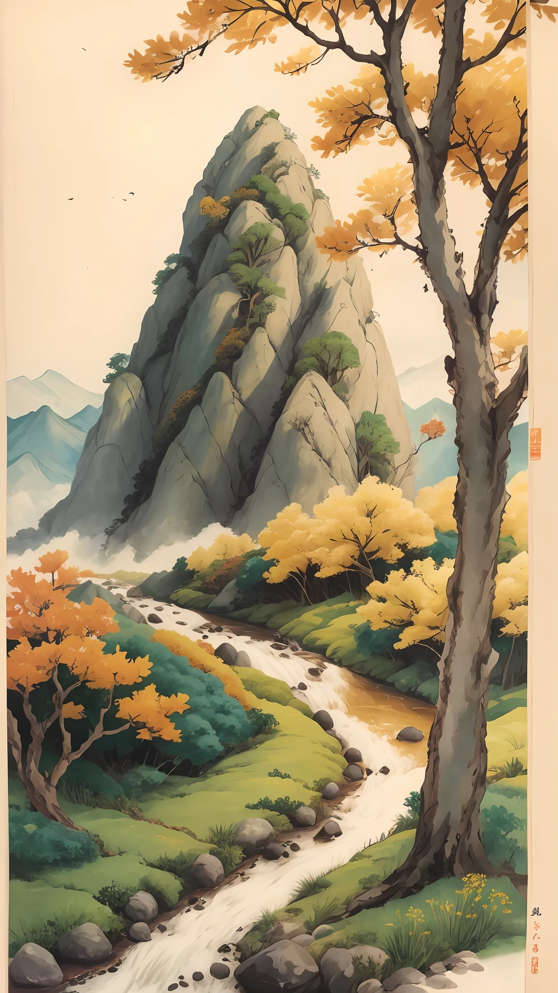 there is a painting of a mountain with a stream running through it, by Ryūsei Kishida, chinese landscape, by Yang Buzhi, artwork in style of sheng lam, autumn mountains, scenery artwork, inspired by Hishida Shunsō, qi sheng luo, japanese landscape, inspired by Hiroshi Yoshida