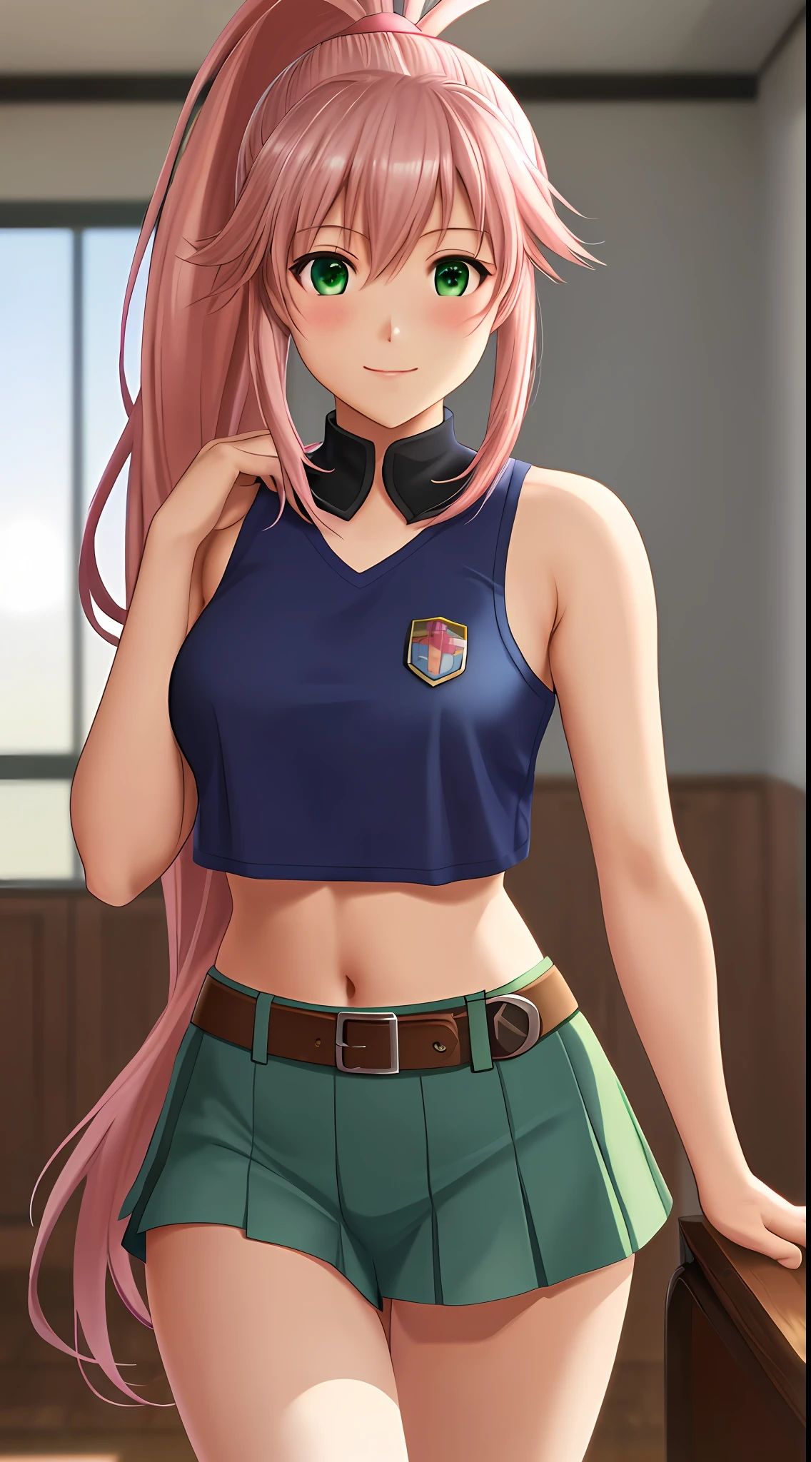 best quality, 8k, sharp focus, depth of field, best shadows, perfect lights, HDR, realistic skin texture, detailed, hyper detailed background, solo, 1 woman, Yuna crawford, pink hair, ponytail shorts and messy bangs, green eyes, small boobs, wearing a sexy lewd blue college dress, showing off her pink panties, shoulders showing, at a military school,  anime style inspired by trails of cold steel IV, lewd, Ecchi, blushing, showing her pink panties in classroom