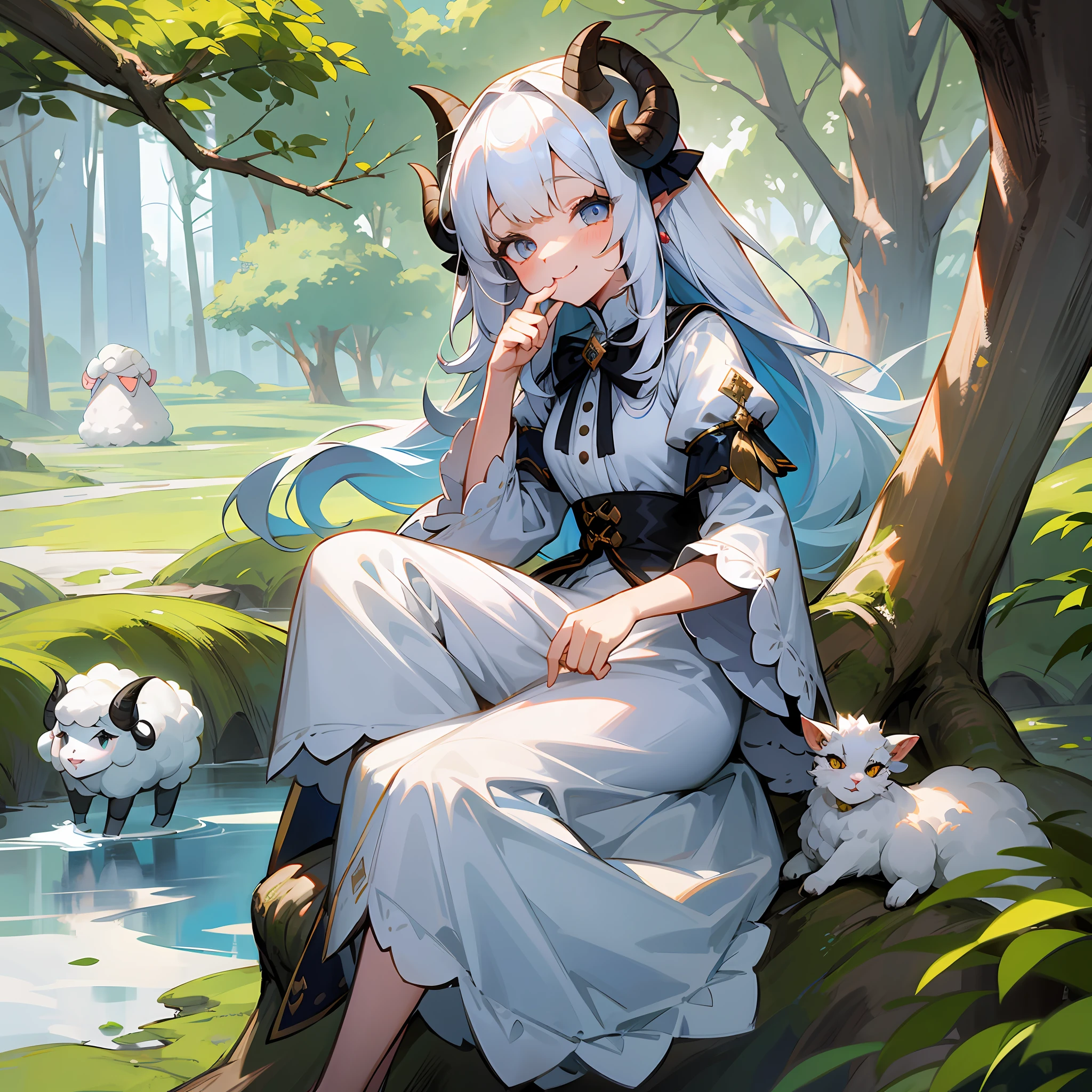 "A girl with rolling cute white sheep's horns and white hair above eyes, with sheep ears and fluffy hair, wearing a dress and having a kitten tooth in her mouth, smiling as she sits on a tree trunk and looks into the camera." --auto --s2